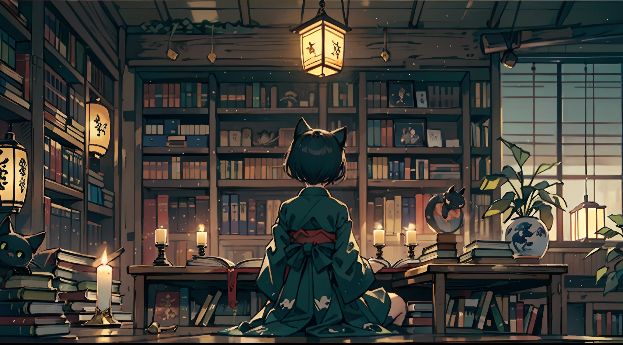 #Quality (intricate-detail、ultra-detailliert:1.2,cinematic shot),
#night landscape (navy blue night sky),
#one writing boy (16 male、writer,Honor Students、A dark-haired、short-hair、hakama,sit flat),
#dark room (only one candle,books on desk,pretty tatami,a lot of books,bookshelf,black cat)