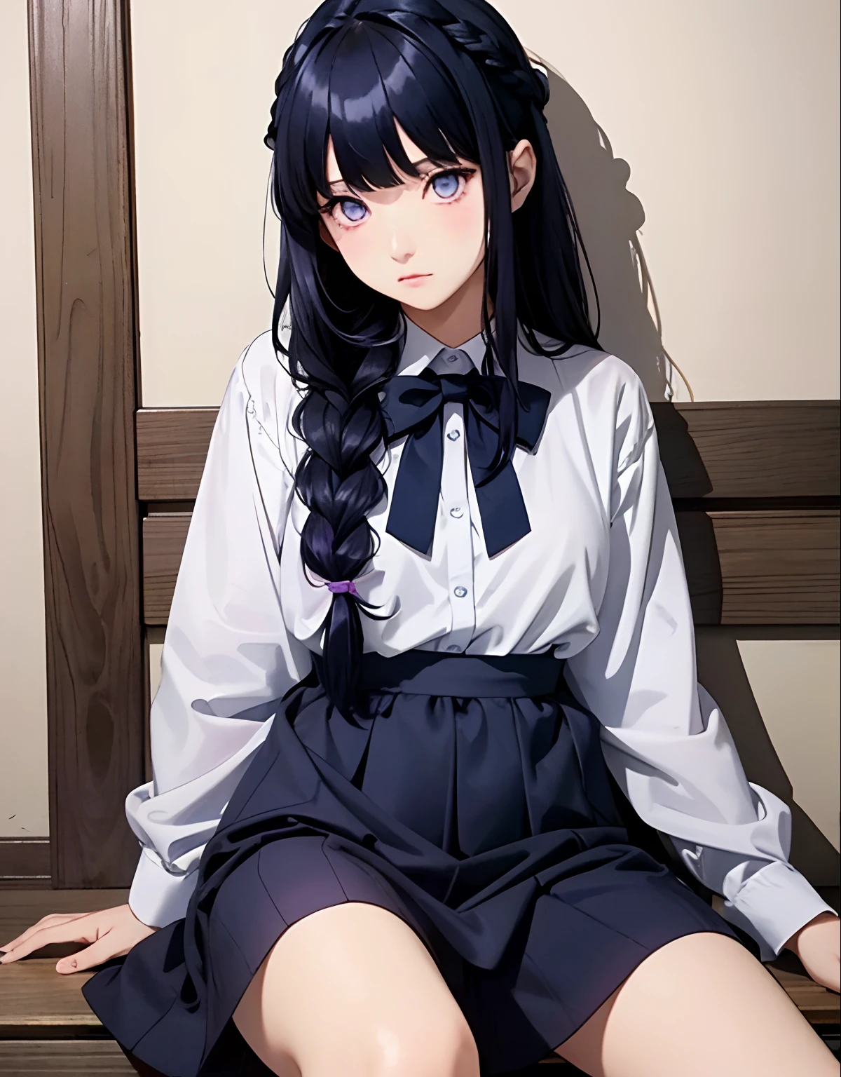 One girl、dark blue haired、1 braid、bow ribbon、shirt dress、cute little、masterpiece、top-quality、Top image quality、fantastic hair、Amazing eyes、purple eyes、Girl sitting, Blunt Bangs