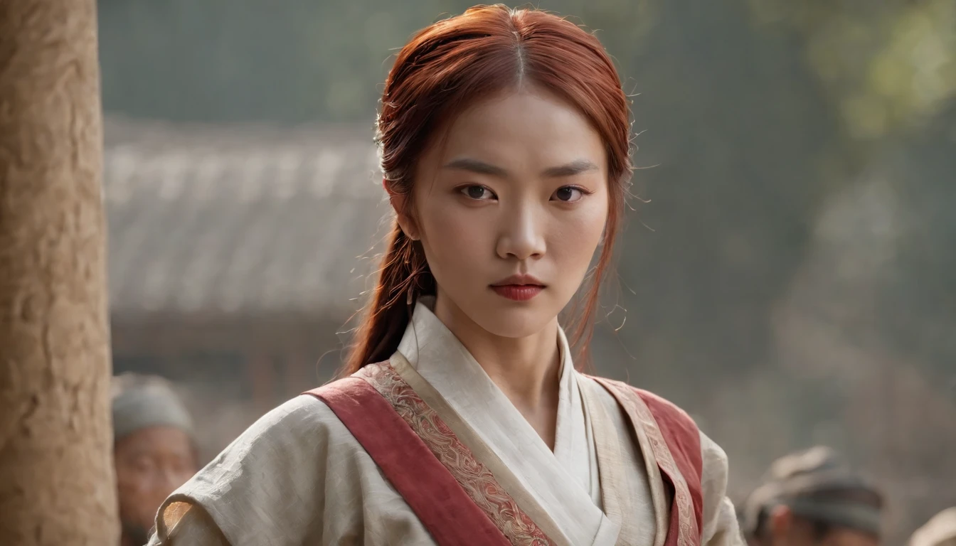 Southern Song Dynasty female assassin,(Delicate facial features),(Rich murderous aura),(The look in the eyes that killed a lot of people),Real Human,Extreme light and shadow,Super light chasing,(intricate detailed clothes),Red head rope,Red bracelet,Southern Song Dynasty female assassin costume