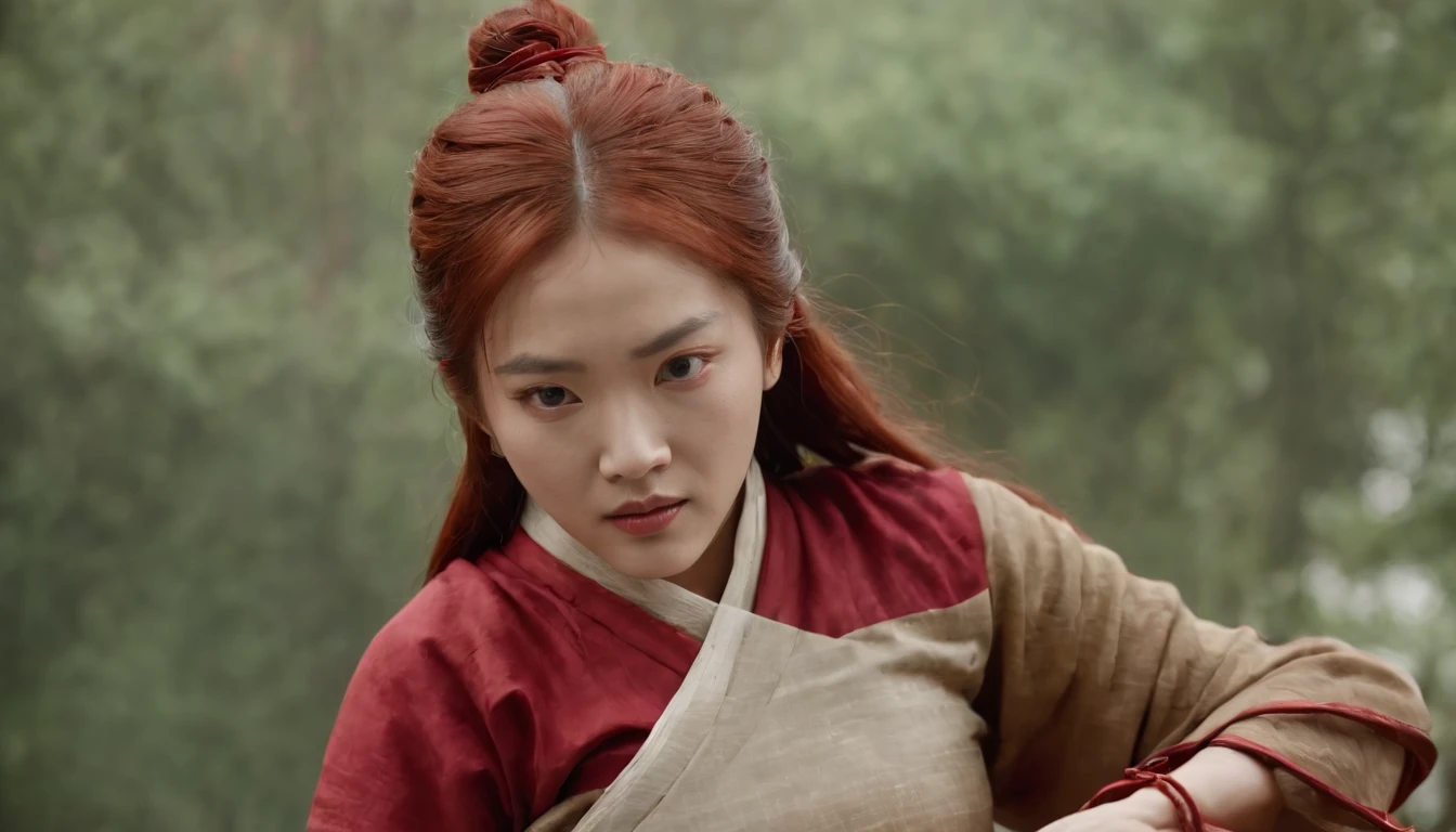 Southern Song Dynasty female assassin,(Delicate facial features),(Rich murderous aura),(The look in the eyes that killed a lot of people),Real Human,Extreme light and shadow,Super light chasing,(intricate detailed clothes),Red head rope,Red bracelet,Southern Song Dynasty female assassin costume