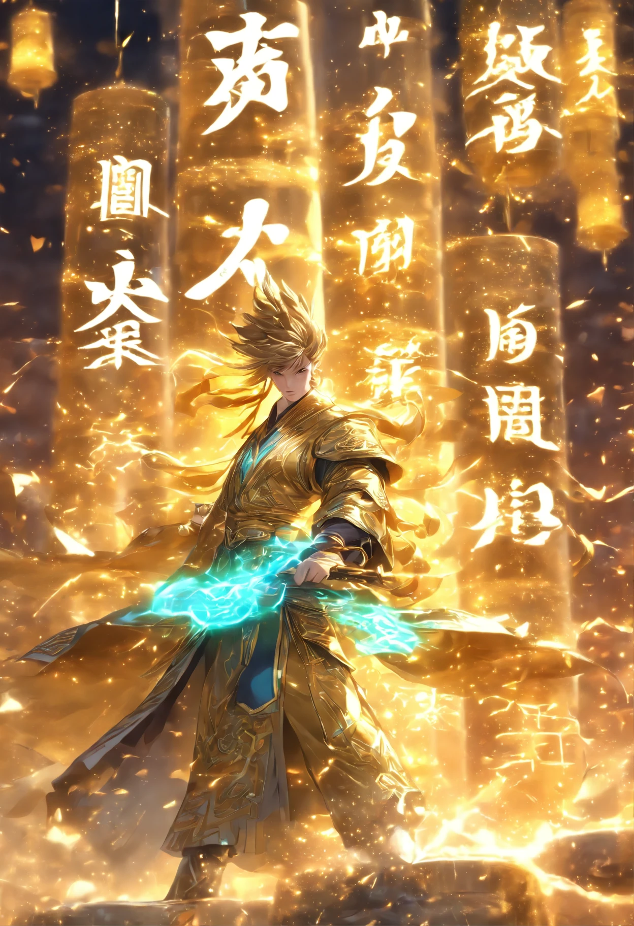 1boy,An ancient Chinese scholar,(Book in hand:1.5),(Transparent glowing golden Chinese characters hovered in midair:2),Vertical text,glittery,(Scholar in blue robes:1.5),Long flowing hair flutters in the wind,brunette color hair,16k, hyper HD, high resolution, Very detailed, Best image quality,(dynamicposes:1.5),(20 columns of Chinese characters:2),arranged in an orderly fashion