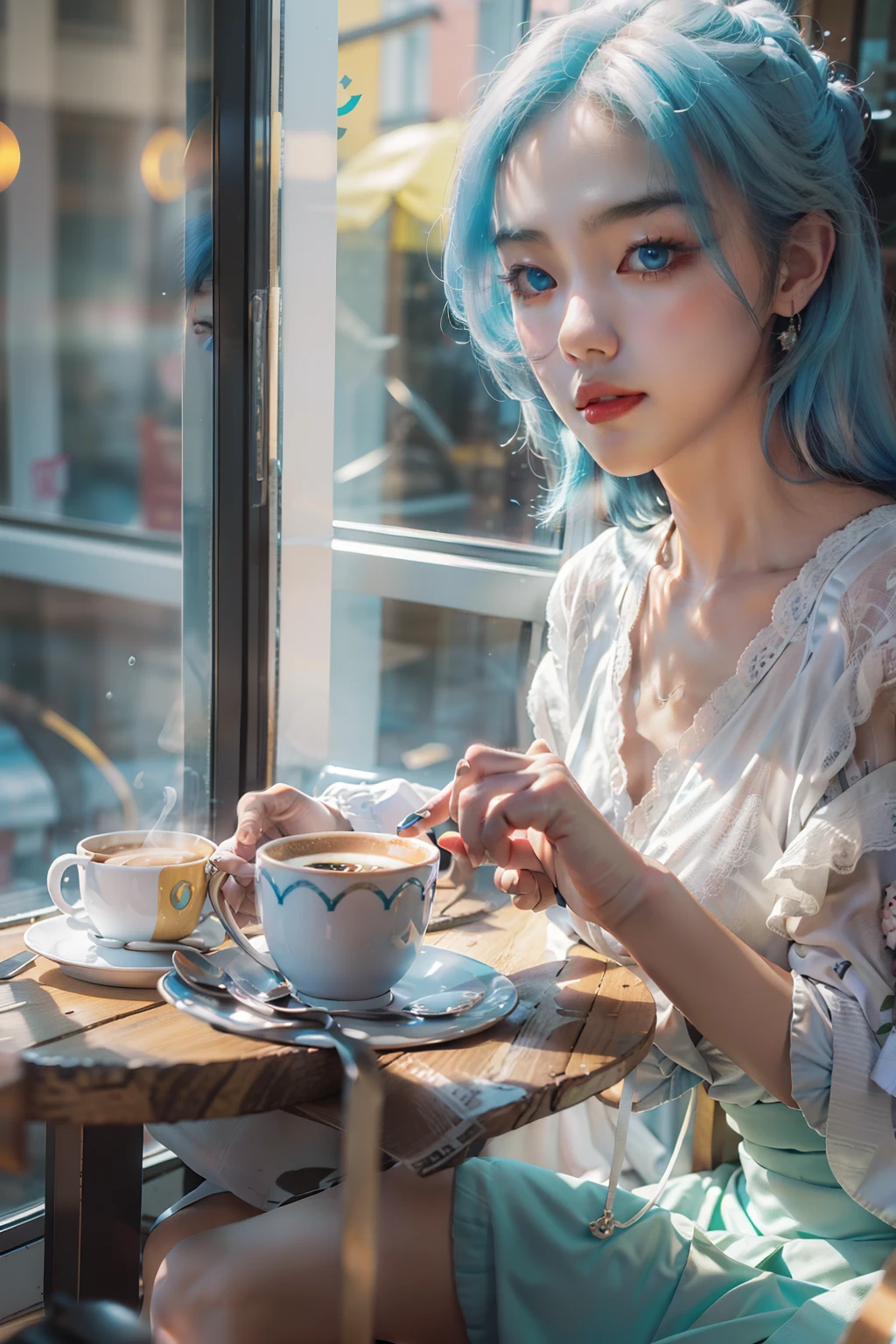 Leegahyeon Korean woman sitting at table in café holding a photo of sunlight from coffee window, Blue hair, Dynamic pose, Skin texture, Pale skin, Shiny skin, (Slim, Petite:1.2), [:(sharp focus on face, Detailed face, Perfect eyes, view the viewer:1.2):0.2], Photorealistic, filmgrain, Best quality, Masterpiece