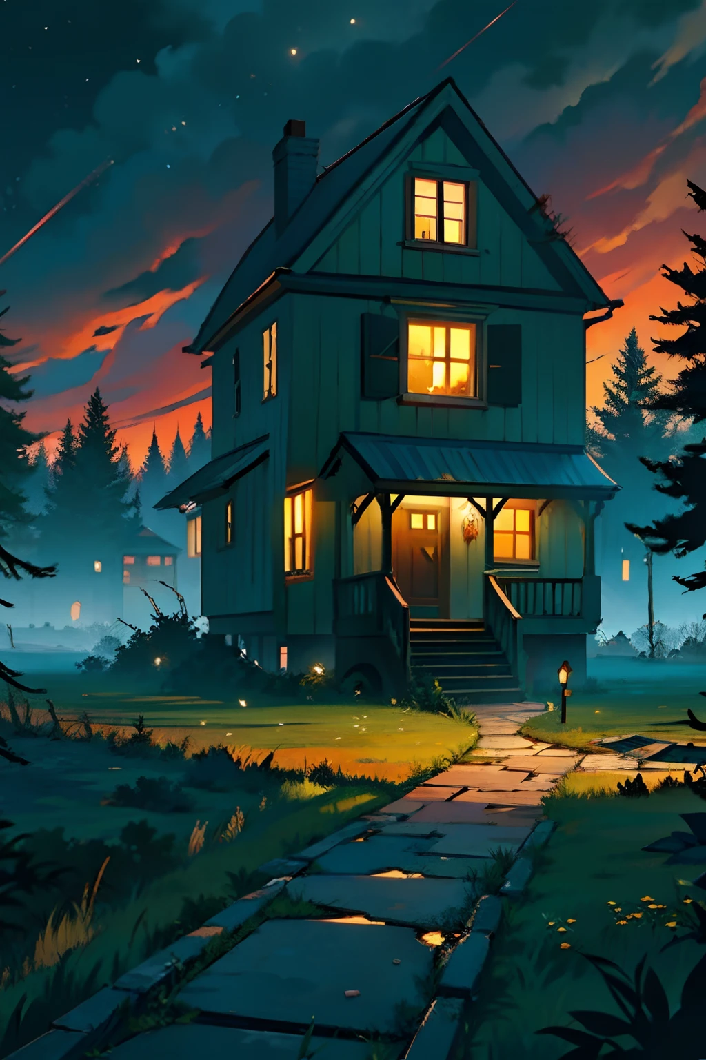 A painting of a broken down house, destroyed by tornado, autumn trees, dark evening light, eerie dark sky.