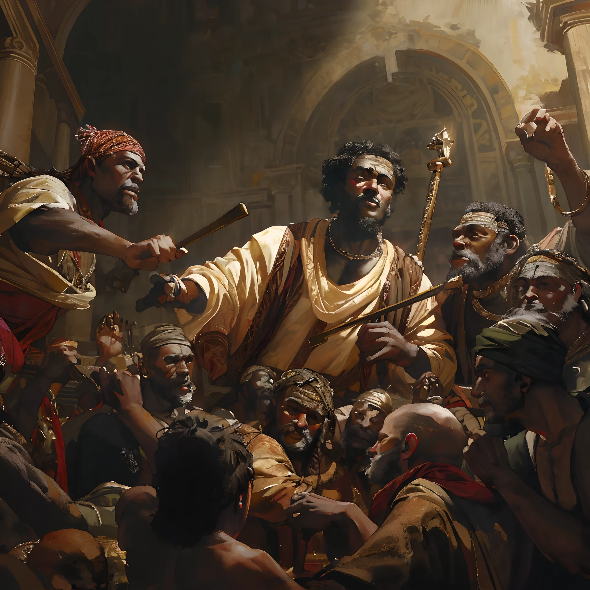 Group of black African men, with typical African clothing, arguing, angry, tense faces, chaotic atmosphere, place with Athens school style architecture, panoramic image, cinematic, dark lighting, rays of light, 1800s, African symbology and gold, painting , dark lighting, epic wallpaper, 8k, Michelangelo style painting, renaissance painting, neoclassical painting, neoclassical style, masterpiece, epic painting, awesome renaissance painting, ultra detailed, stunning, Cinematic, intricate details, UHD ,best quality.