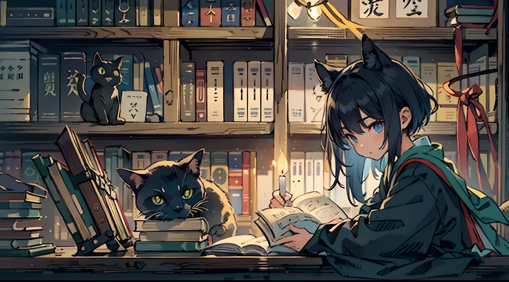 #Quality (intricate-detail、ultra-detailliert:1.2,cinematic shot),
#night landscape (navy blue night sky),
#one writing boy ( male、writer,Honor Students、A dark-haired、short-hair、hakama,sit flat),
#dark room (only one candle,books on desk,pretty tatami,a lot of books,bookshelf,black cat)