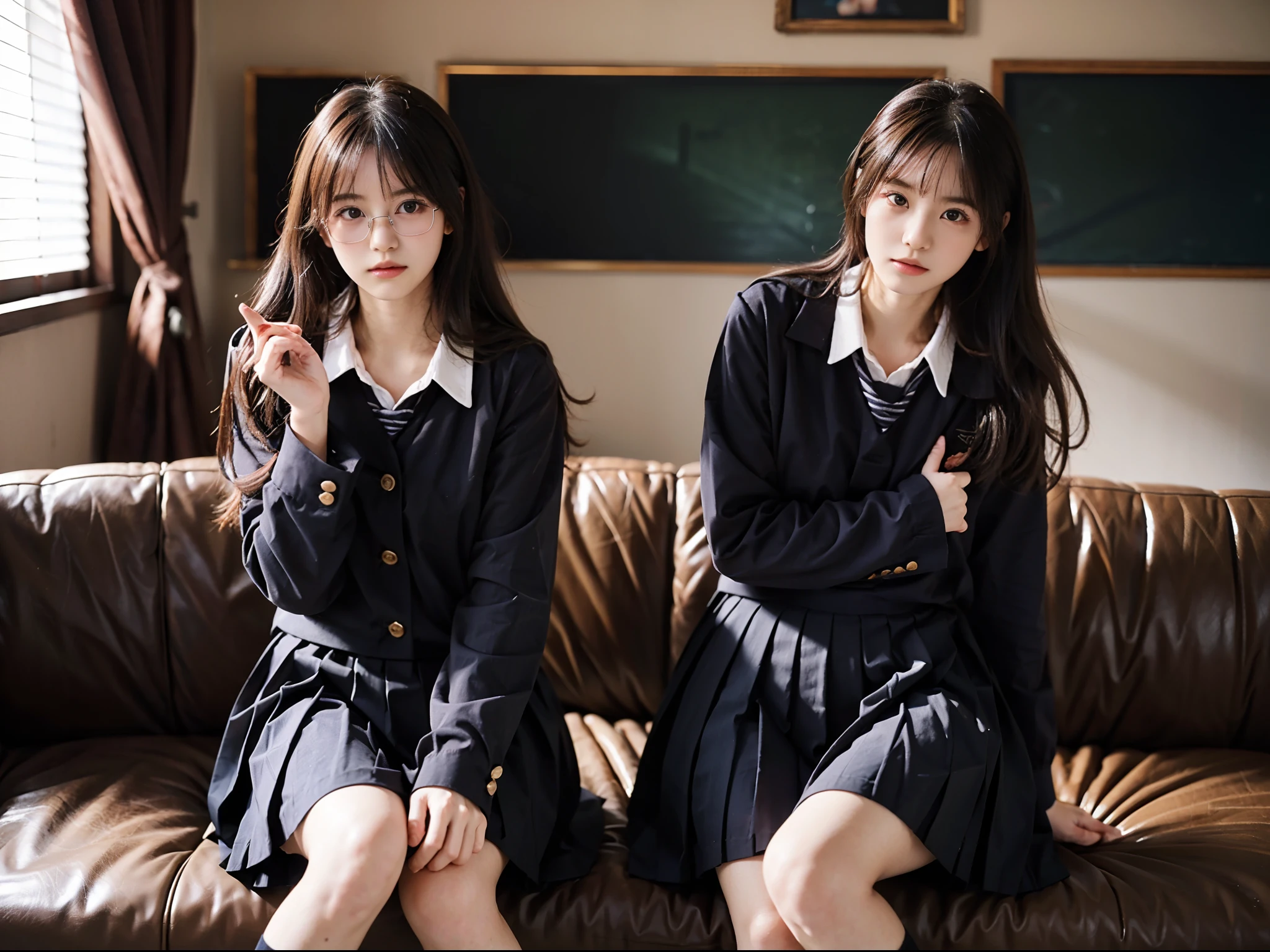 masutepiece, Best quality, japanaese girl, 8K picture quality, Very realistic picture,RAW photo, top notch quality, masutepiece, NFFSW:1.2, Particularly detailed RAW color photos, Professional-grade photos, (Realistic, Photorealistic:1.37), (highly detailedskin:1.2), Ultra-high resolution, (Lenze 50 mm), (masutepiece, top-quality:1.3), (Ultra-detailed 8k CG:1.2), (hyper realisitc:1.35), (Photorealistic:1.45), (Realistic:1.4), Cowboy shot,
((In a dimly lit bedroom)),(1 Beautiful Japanese girl), age 22, super model, Japanese idol, __expression__, The girl looks steady and optimistic(Medium-sized round breasts), (Sit on the sofa or bed1:1), (school uniform:1.4), The girl looks shy and shy,(Only the knees up screen are shown),((Contour glasses))
Korean Idol、乃木坂アイドル、hposing Gravure Idol、Adults、女優()