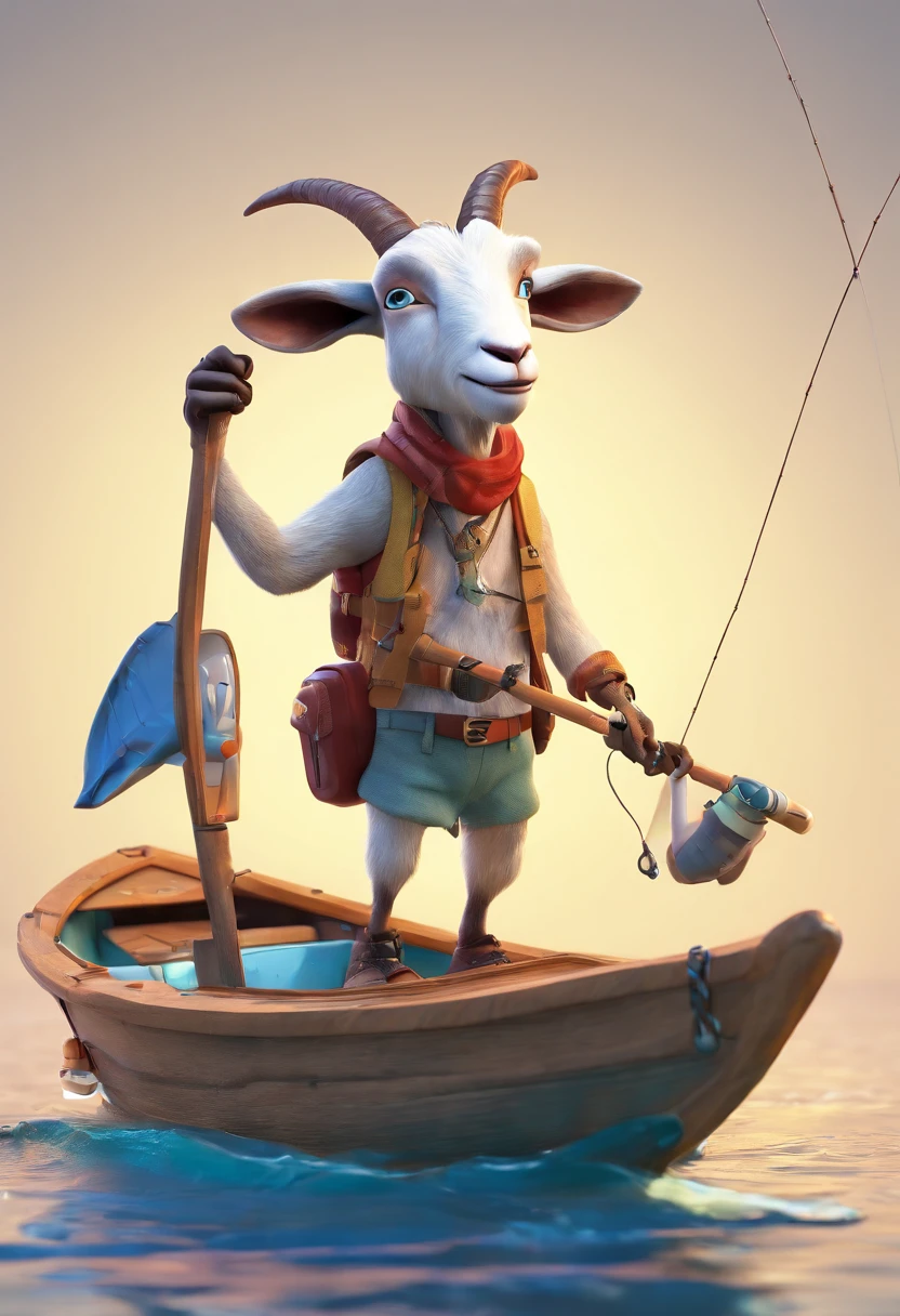 a humanoid goat, fishing in a boat, having fun, cartoon style, promotional art, very stylized character design, line art, up camera