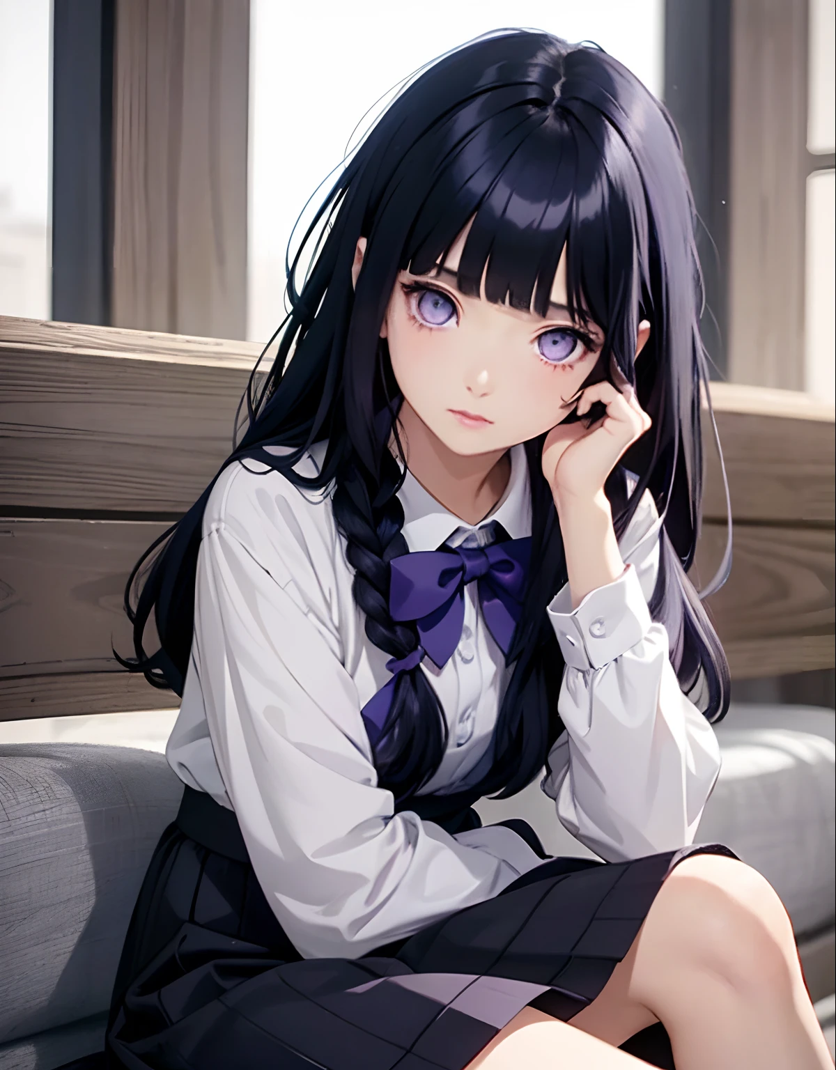 One girl、dark blue haired、1 braid、bow ribbon、shirt dress、cute little、masterpiece、top-quality、Top image quality、fantastic hair、Amazing eyes、purple eyes、Girl sitting, Blunt Bangs
