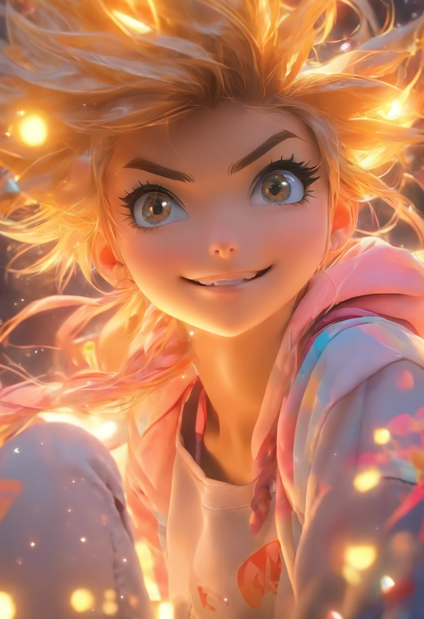 Real Photographics，Hyper-realistic，Ultra photo realsisim，super-fine，Genki girl，Full body like，adolable，closing her eyes，ssmile，long whitr hair，Qi bangs，denim pant，athletic sneakers，rays of sunshine，The hair is meticulously depicted，The eyes are meticulously depicted， highly detailed surreal vfx，oc rendered，