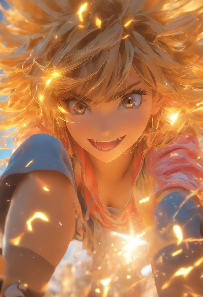 Real Photographics,Hyper-realistic,Ultra photo realsisim,super-fine,Genki girl,Full body like,adolable,closing her eyes,ssmile,long whitr hair,Qi bangs,denim pant,athletic sneakers,rays of sunshine,The hair is meticulously depicted,The eyes are meticulously depicted, highly detailed surreal vfx,oc rendered,