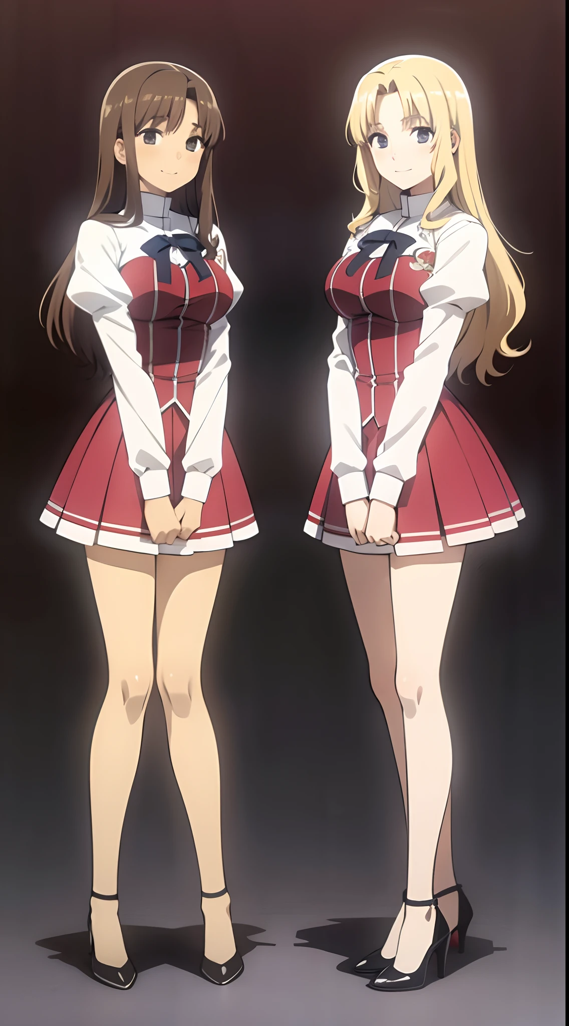 Masterpiece, high quality, 2girls, duo, twins, blonde hair, brown hair, curly hair, (one brown haired sister, one blonde sister, two sisters, matching hairstyles, different hair colors), hazel eyes, medium sized bust, ((matching outfits, school uniforms, black high heels)), smile, flat_color, same height, duo pose, backs against each other, sister picture