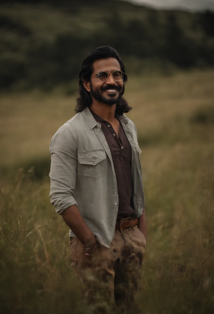 ((medium long shot photo)) of a handsome dark-haired Indian looking man, standing naked in a grassy field during the day ((exposing uncut )) smiling, well lit, long hair, glasses