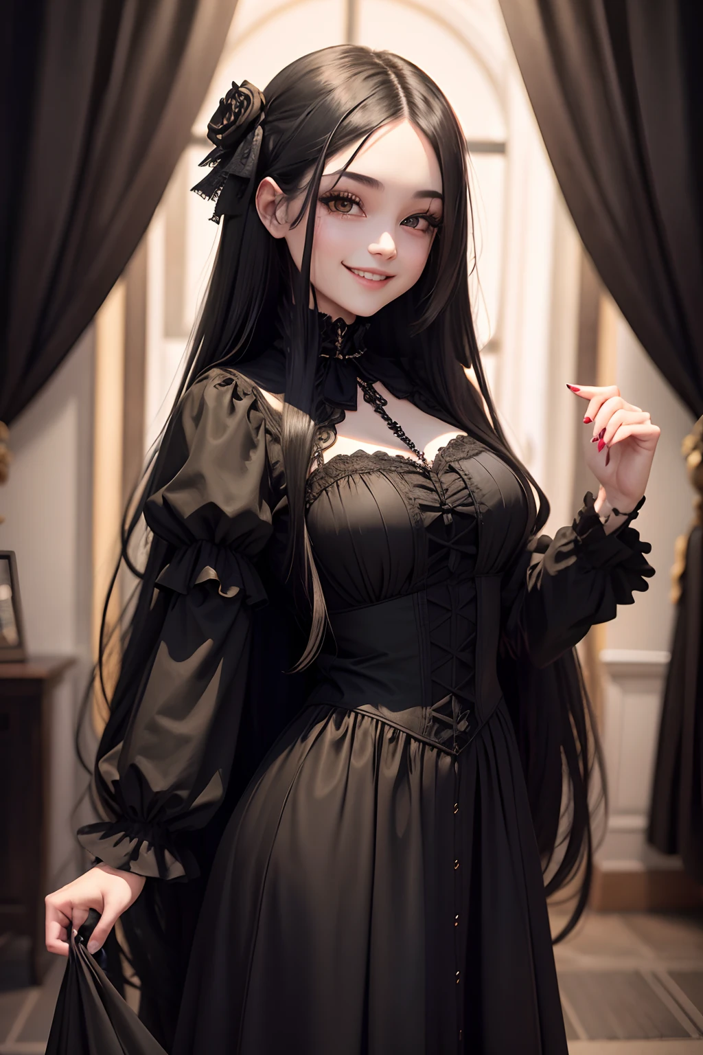 Gothic girl with long black hair, smiling face, and black clothes