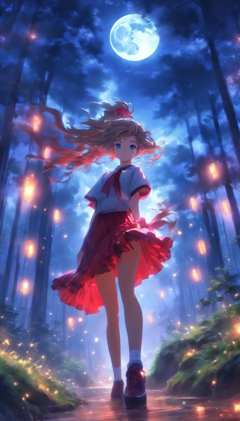 1girll, Solo，White shirt, Red skirt, Socks, dual horsetail，Beautiful outdoor background, night moon, forest，The hair is meticulously depicted，The eyes are meticulously depicted， highly detailed surreal vfx，oc rendered，