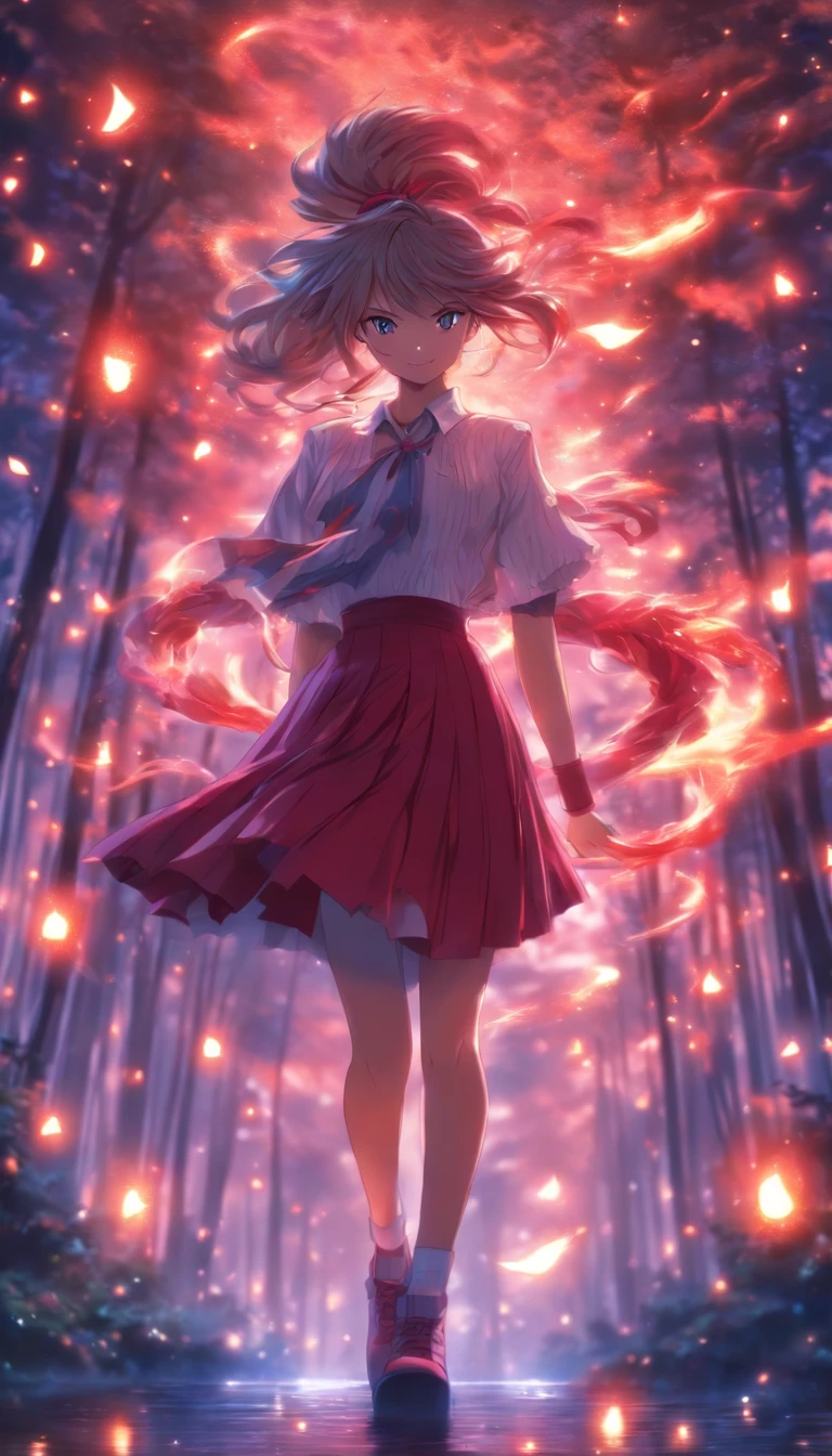 1girll, Solo,ssmile,White shirt, Red skirt, Socks, dual horsetail,Beautiful outdoor background, night moon, forest,The hair is meticulously depicted,The eyes are meticulously depicted, highly detailed surreal vfx,oc rendered,