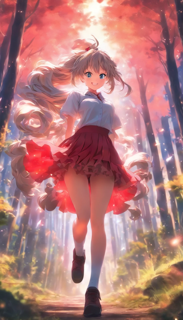 1girll, Solo，ssmile，White shirt, Red skirt, Socks, dual horsetail，Full body like，Beautiful outdoor background, night moon, forest，The hair is meticulously depicted，The eyes are meticulously depicted， highly detailed surreal vfx，oc rendered，