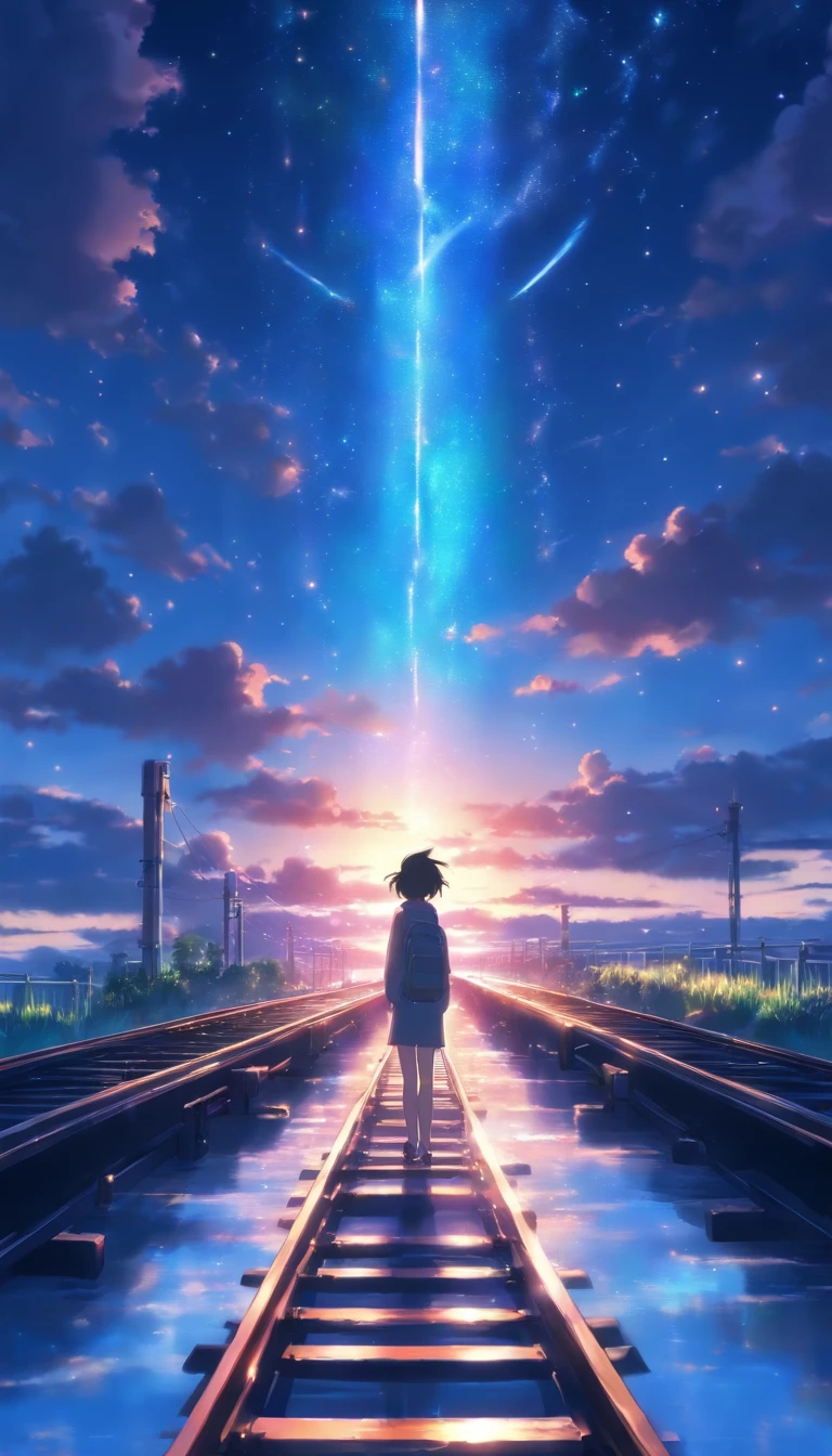 Masterpiece, Anime train passing through bodies of water on tracks, Bright starry sky. Romantic train, Makoto Shinkai's picture, Pisif, concept-art, Lofi art style, Reflection. By Makoto Shinkai, Lofi art, beautiful anime scenes, Anime landscape, Detailed scenery —width 672, in the style of makoto shinkai, Makoto Shinkai's style, Enhanced detail.