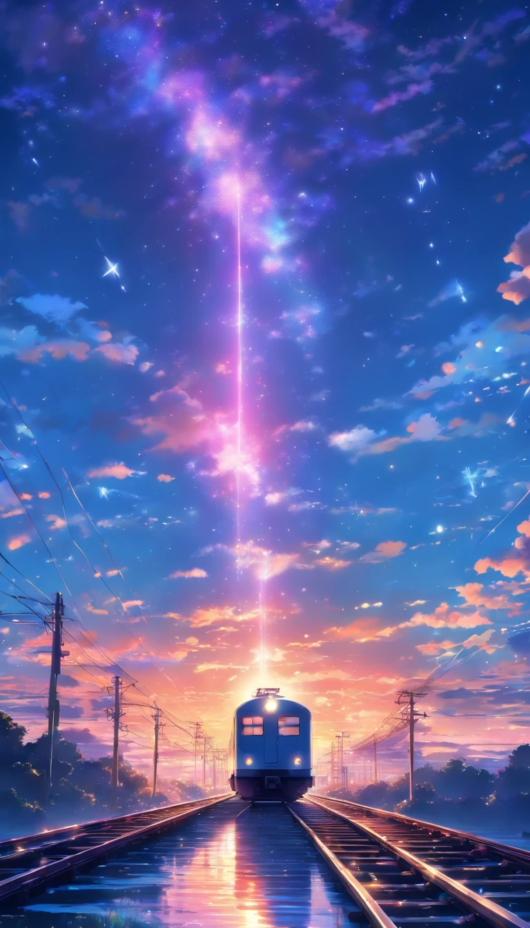 Masterpiece, Anime train passing through bodies of water on tracks, Bright starry sky. Romantic train, Makoto Shinkai's picture, Pisif, concept-art, Lofi art style, Reflection. By Makoto Shinkai, Lofi art, beautiful anime scenes, Anime landscape, Detailed scenery —width 672, in the style of makoto shinkai, Makoto Shinkai's style, Enhanced detail.