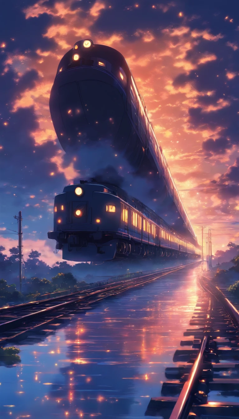 Masterpiece, Anime train passing through bodies of water on tracks, Bright starry sky. Romantic train, Makoto Shinkai's picture, Pisif, concept-art, Lofi art style, Reflection. By Makoto Shinkai, Lofi art, beautiful anime scenes, Anime landscape, Detailed scenery —width 672, in the style of makoto shinkai, Makoto Shinkai's style, Enhanced detail.
