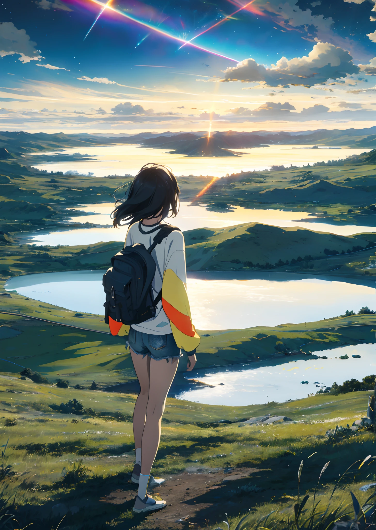 The vast sky, beautiful skyline, large grasslands, extremely tense and dramatic pictures, moving visual effects, high hanging Polaris, colorful natural glare. A girl in a long-sleeved top and denim shorts with a side backpack