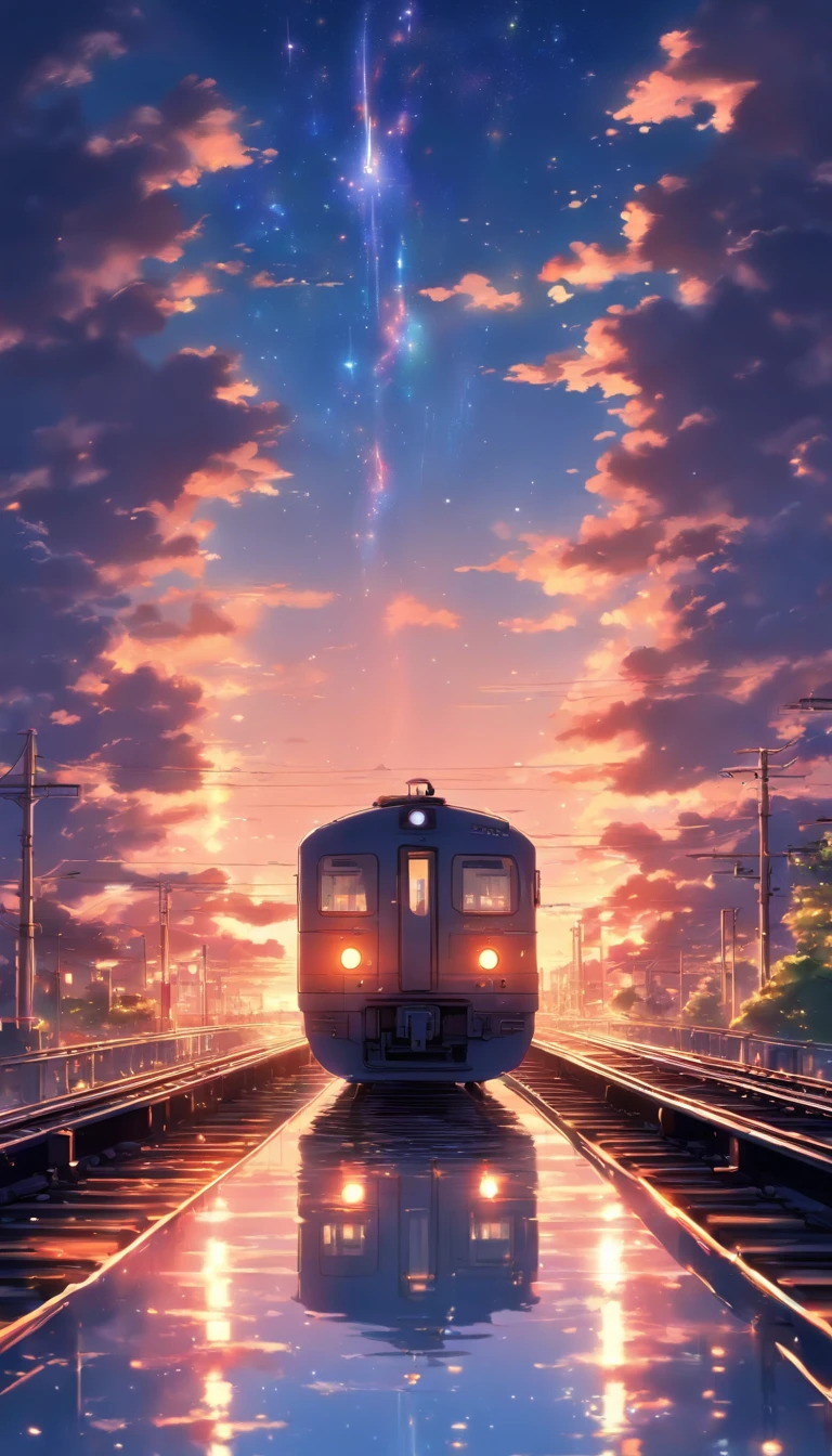 Masterpiece, Anime train passing through bodies of water on tracks, Bright starry sky. Romantic train, Makoto Shinkai's picture, Pisif, concept-art, Lofi art style, Reflection. By Makoto Shinkai, Lofi art, beautiful anime scenes, Anime landscape, Detailed scenery —width 672, in the style of makoto shinkai, Makoto Shinkai's style, Enhanced detail.