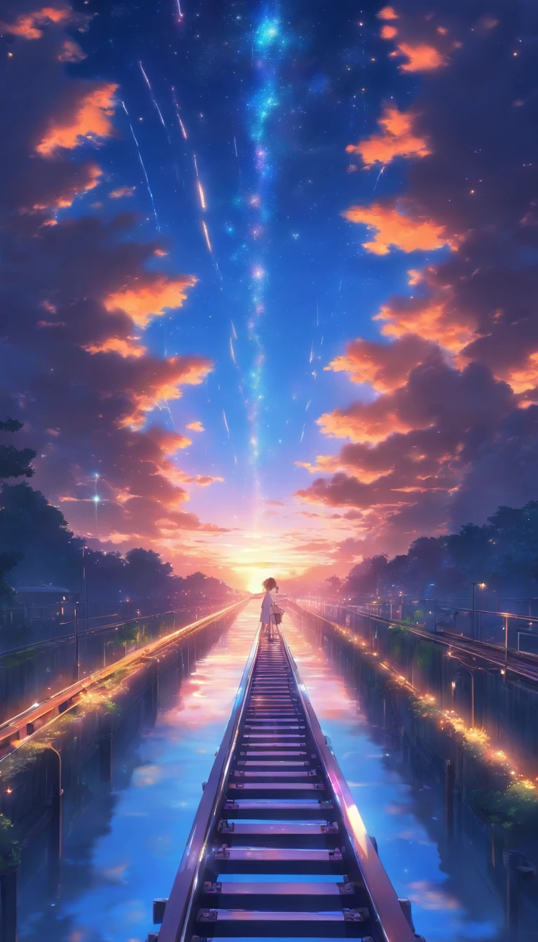Masterpiece, Anime train passing through bodies of water on tracks, Bright starry sky. Romantic train, Makoto Shinkai's picture, Pisif, concept-art, Lofi art style, Reflection. By Makoto Shinkai, Lofi art, beautiful anime scenes, Anime landscape, Detailed scenery —width 672, in the style of makoto shinkai, Makoto Shinkai's style, Enhanced detail.