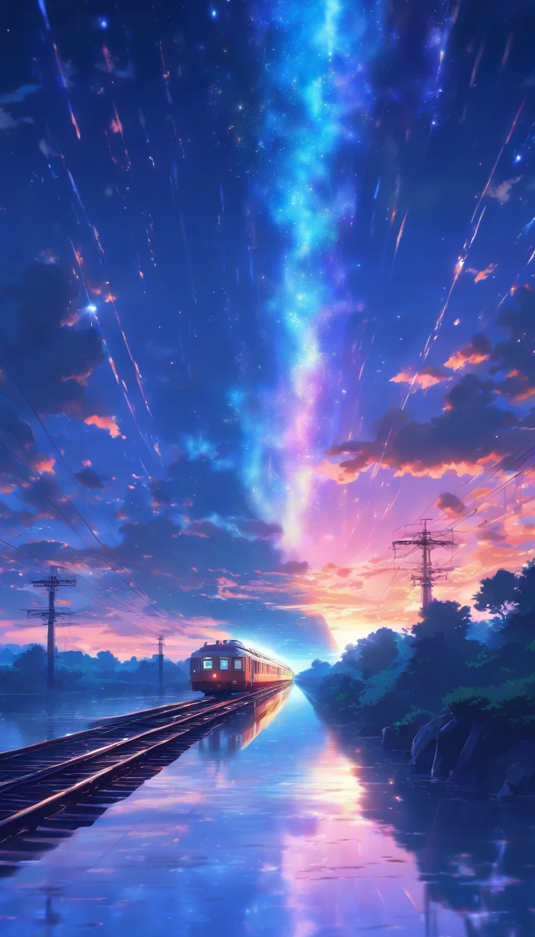 Masterpiece, Anime train passing through bodies of water on tracks, Bright starry sky. Romantic train, Makoto Shinkai's picture, Pisif, concept-art, Lofi art style, Reflection. By Makoto Shinkai, Lofi art, beautiful anime scenes, Anime landscape, Detailed scenery —width 672, in the style of makoto shinkai, Makoto Shinkai's style, Enhanced detail.