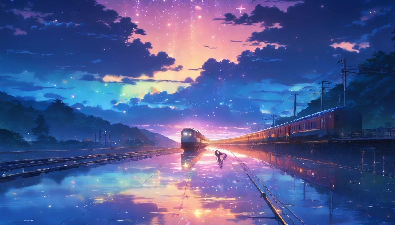 Masterpiece, Anime train passing through bodies of water on tracks, Bright starry sky. Romantic train, Makoto Shinkai's picture, Pisif, concept-art, Lofi art style, Reflection. By Makoto Shinkai, Lofi art, beautiful anime scenes, Anime landscape, Detailed scenery —width 672, in the style of makoto shinkai, Makoto Shinkai's style, Enhanced detail.