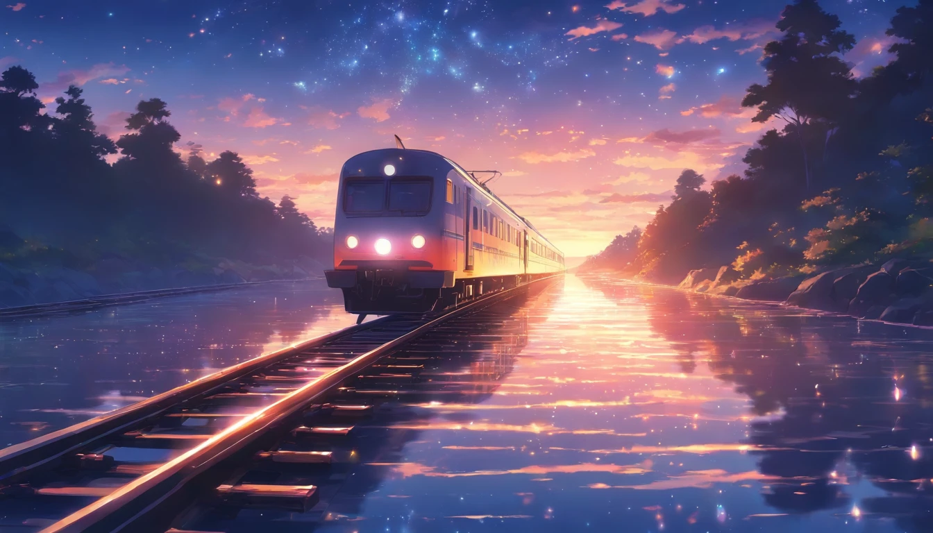 Masterpiece, Anime train passing through bodies of water on tracks, Bright starry sky. Romantic train, Makoto Shinkai's picture, Pisif, concept-art, Lofi art style, Reflection. By Makoto Shinkai, Lofi art, beautiful anime scenes, Anime landscape, Detailed scenery —width 672, in the style of makoto shinkai, Makoto Shinkai's style, Enhanced detail.