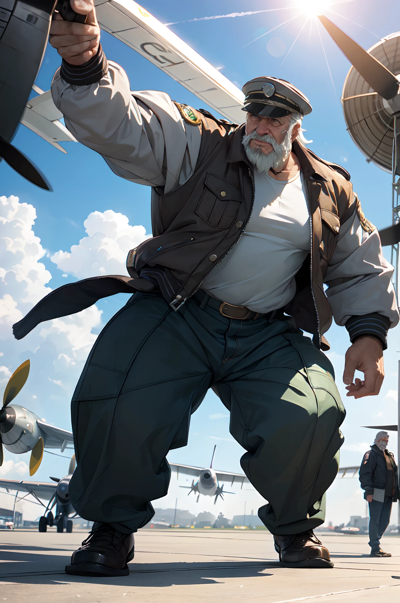 (best quality,4k,8k,highres,masterpiece:1.2),ultra-detailed,(realistic,photorealistic,photo-realistic:1.37),((huge muscular old man)) as pilot,oil painting,weathered face,strong and intense gaze,long white beard and eyebrows,wrinkles and age spots,firm jawline and high cheekbones,grizzled hair,rough hands and strong arms,wearing a vintage leather pilot jacket and a pilot's cap with goggles,standing tall and proud in front of a vintage airplane,propellers spinning,flying goggles reflecting the sunlight,clear blue skies and fluffy clouds,shiny metal surface of the airplane,with intricate details and rivets,contrasting with the worn-out leather,sunlight casting shadows on the pilot's face and shoulders,feeling the wind in his hair and the excitement of flight,ensuring every instrument is in perfect working order,ready to take off on another thrilling adventure,faint smell of oil and fuel in the air,glimpse of other pilots and crew bustling in the background,readying their own planes for takeoff,dramatic lighting accentuating the pilot's strong features and the vintage airplane's elegance,creating a timeless and nostalgic atmosphere,bringing the powerful spirit of aviation to life.