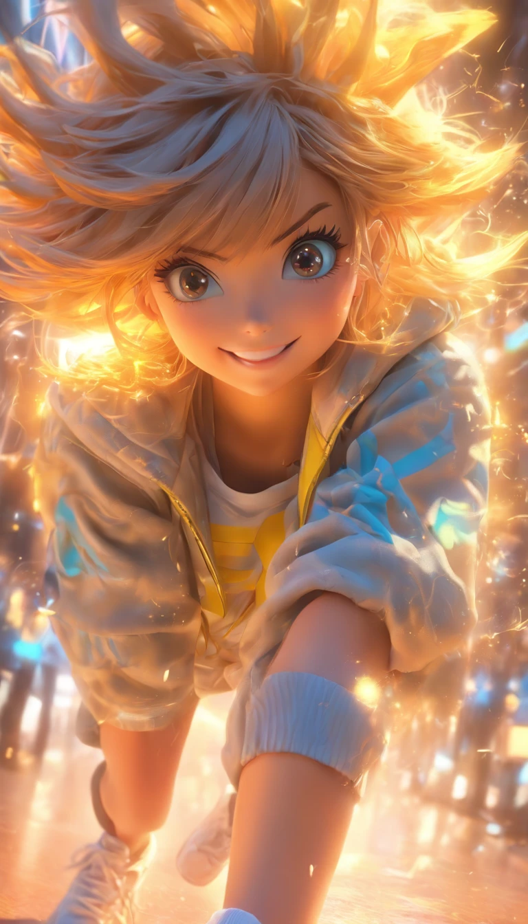 Real Photographics,Hyper-realistic,Ultra photo realsisim,super-fine,Genki girl,Full body like,adolable,closing her eyes,ssmile,short detailed hair,Qi bangs,denim pant,athletic sneakers,rays of sunshine,The hair is meticulously depicted,The eyes are meticulously depicted, highly detailed surreal vfx,oc rendered,