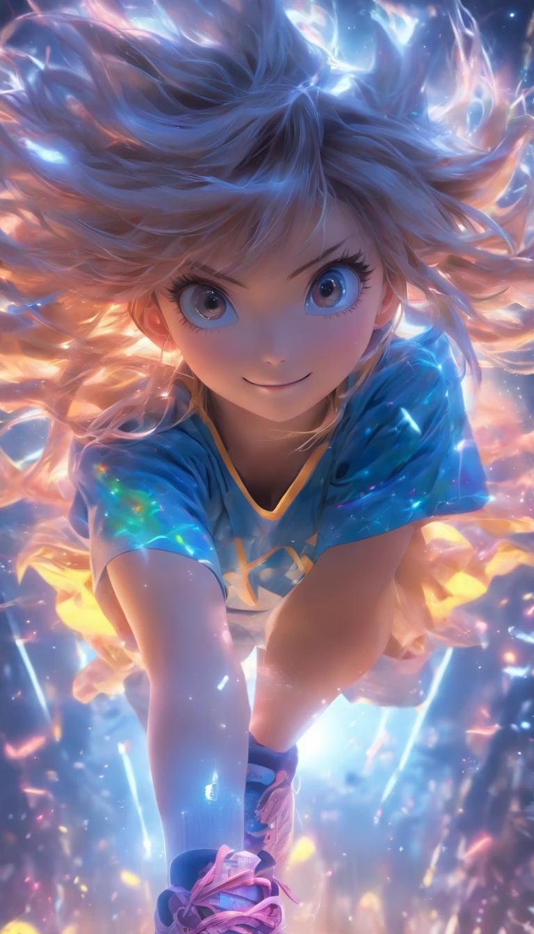 Real Photographics,Hyper-realistic,Ultra photo realsisim,super-fine,Genki girl,Full body like,adolable,closing her eyes,ssmile,short detailed hair,Qi bangs,denim pant,athletic sneakers,rays of sunshine,The hair is meticulously depicted,The eyes are meticulously depicted, highly detailed surreal vfx,oc rendered,