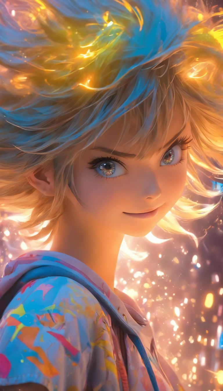 Real Photographics，Hyper-realistic，Ultra photo realsisim，super-fine，Genki girl，Full body like，adolable，closing her eyes，ssmile，short detailed hair，Qi bangs，denim pant，athletic sneakers，rays of sunshine，The hair is meticulously depicted，The eyes are meticulously depicted， highly detailed surreal vfx，oc rendered，