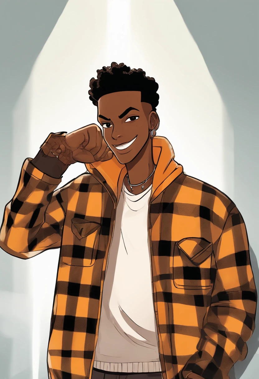 cartoon image of a dark skin male with faded haircut wearing an black shirt and a yellow plaid jacket, character portrait, light orange eyes, Twisted High Top(black:1.5,), smiling, art style from The Boondocks, (black:1.5,dark brown:1.3, orange:1.2), half-shaved hairstyle, scar on left cheek