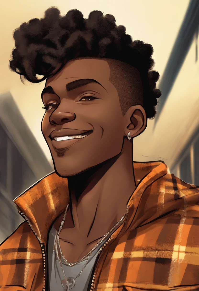 cartoon image of a dark skin male with faded haircut wearing an black shirt and a yellow plaid jacket, character portrait, light orange eyes, Twisted High Top(black:1.5,), smiling, art style from The Boondocks, (black:1.5,dark brown:1.3, orange:1.2), half-shaved hairstyle, scar on left cheek