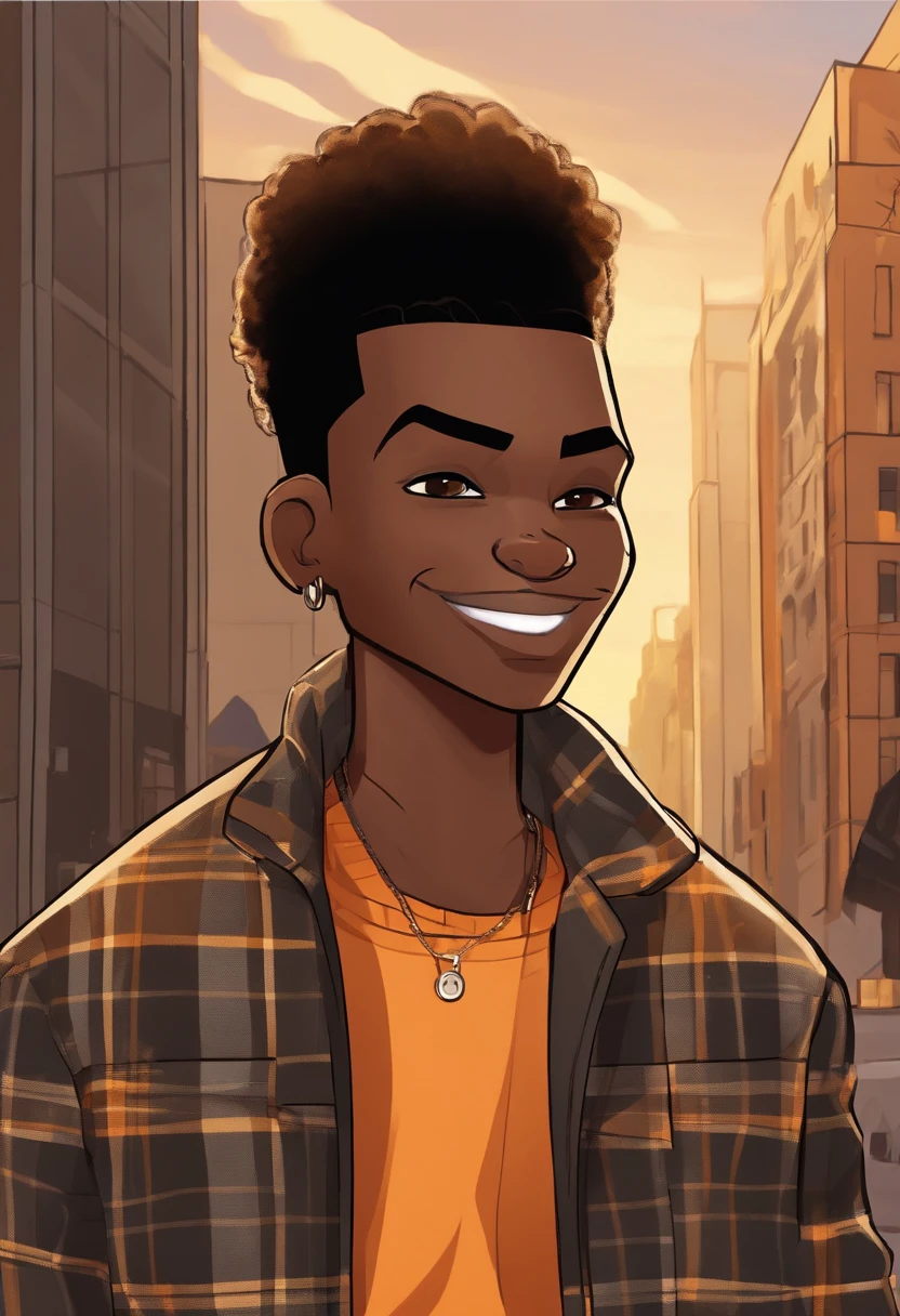 cartoon image of a dark skin male with faded haircut wearing an black shirt and a yellow plaid jacket, character portrait, light orange eyes, Twisted High Top(black:1.5,), smiling, art style from The Boondocks, (black:1.5,dark brown:1.3, orange:1.2), half-shaved hairstyle, scar on left cheek