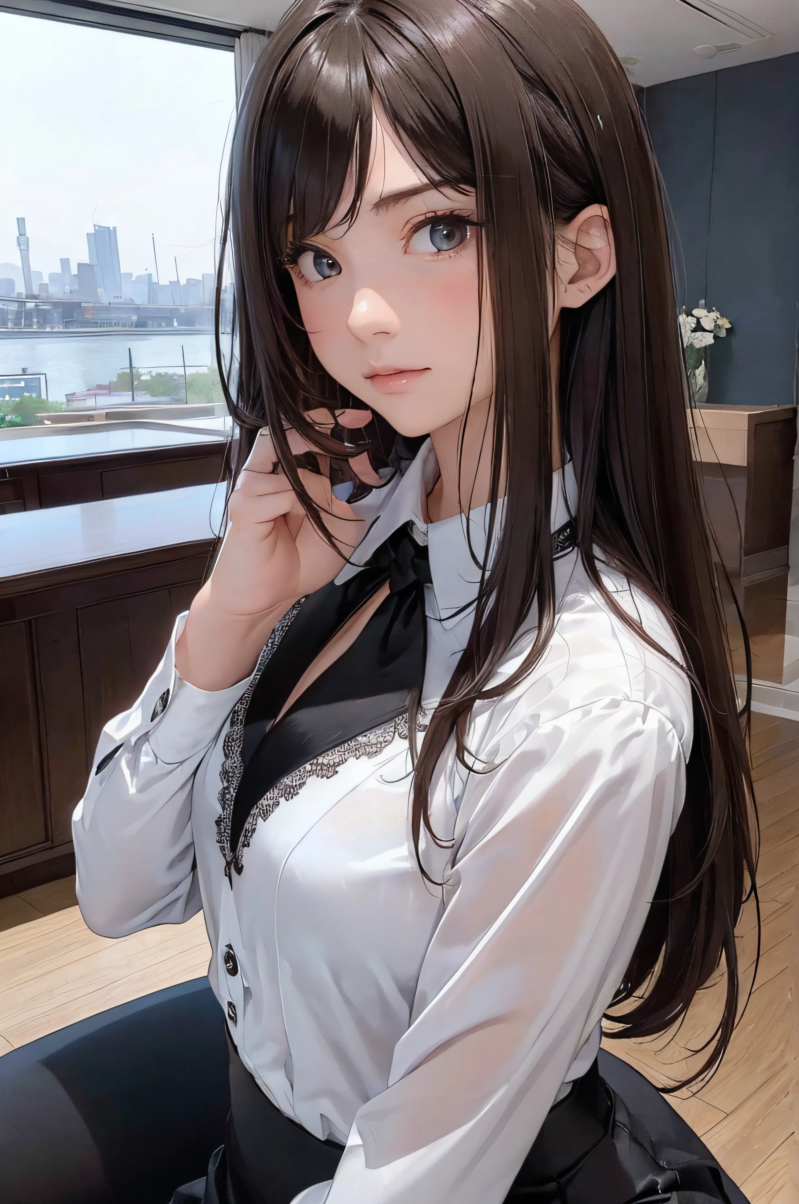 (1girl 24 years old:1.3), (photorealistic:1.4), (masterpiece, top quality, best quality, official art), extreme detailed, highest detailed, (ultra-detailed), ((an extremely delicate and beautiful)), cinematic light, (realisticlying:1.3), (highdetailskin:1.2), high resolution, 8K UHD, 4K, 8K, Bokeh, digital SLR camera, absurderes, Optimal proportions of four fingers and one thumb,
((silky long hair)), (brown hair), beautiful face, perfect face, highly detailed beautiful face,
Cute, shy,faint smile
hotel reception, midnight,
dynamic angle, from above,
((Wearing a black formal blazer)), ((white blouse with collar)), cleavage, skirt, lacepantyhose, blue underwear,
open legs a little, kneel down,