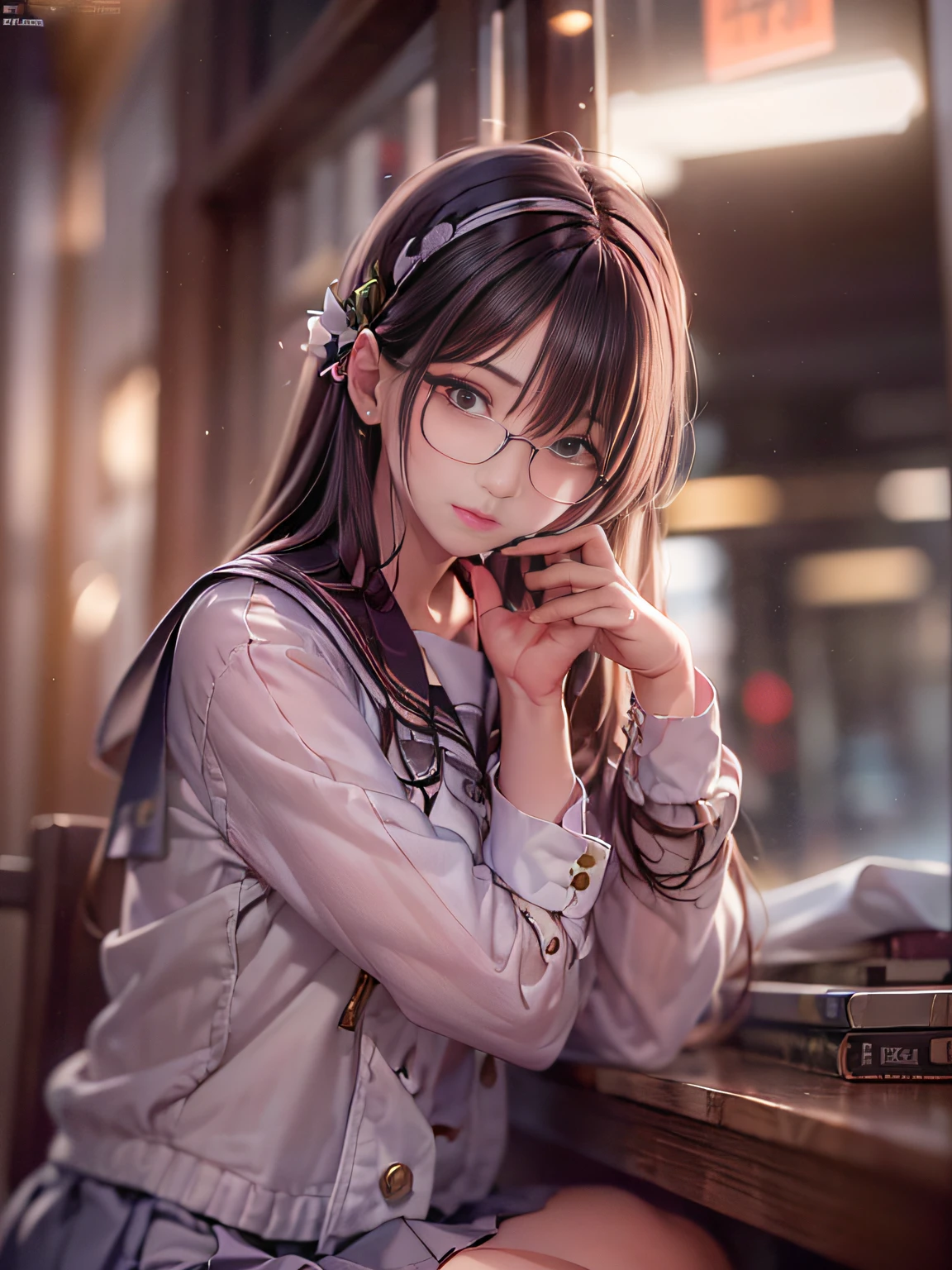Super beautiful illustration，Highly detailed background，Realistic，ultra-detailliert，super detailed skin，Detailed beautiful face and eyes，retinas,Anatomically correct, Textured skin, masutepiece, Super Detail, Best Quality, awardwinning, hight resolution,Junior high school students who remain young,ultimate beauty girl，Super cute girl，a sailor suit、pleatedskirt、(Knee-length skirt:1.7),((skirt rift:1.6)),eye glasses,((small tits,Thin leg)),girl with１a person,a 14 year old girl,独奏,Wearing underwear,Smaller face,smooth hair，detailed hairs，Very fine hairs，realistic facial expression,(Face to feel:1.6),Enchanted,Nasty look,milky skin,Soft lips,various poses shooting photos,Full body portrait,slim figure,delicated face,cute  face,a beautiful detailed girl,extremely detailed eye and face,beatiful detailed eyes, School building colors々Nice place, Raw photo,Expression in love,Shyness,Longing for love,Sex appeal in girls,Unique natural gestures of girls,Sexy gestures,Color makeup，Lowered eyebrows，Whitening effect，Raw photo，Gentle lighting，thin and thin eyebrows，eye bags，Ephemeral Girl，A look tinged with joy))，Very soft lighting，Eight-headed body，light glow，Film grain，Expro II，Lens Flare，Sharpen，cinematic shadow