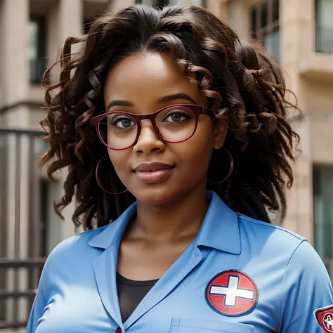 black girl, very fat, curly hair, red pharmaceutical uniform, nerdy glasses