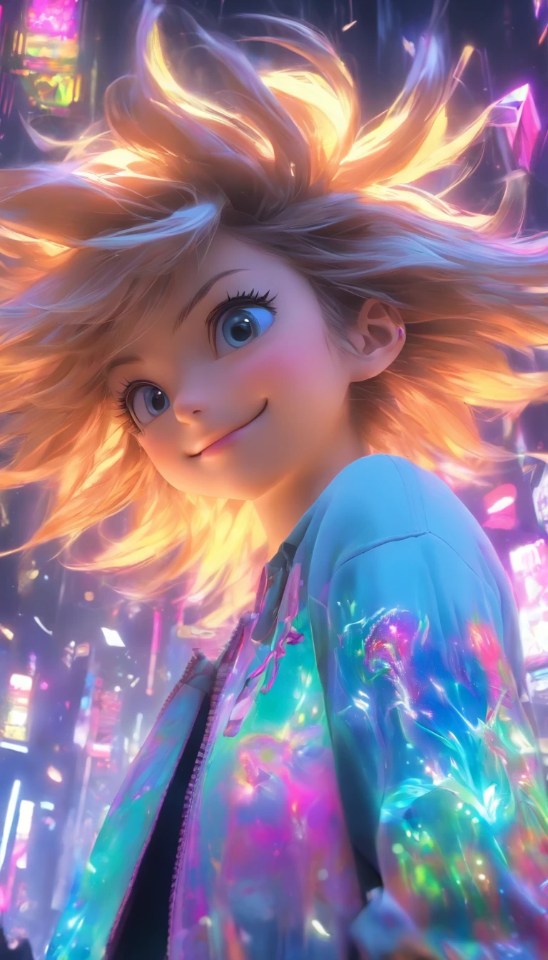 Hyper-realistic，Ultra photo realsisim，super-fine，Genki girl，Full body like，adolable，closing her eyes，ssmile，short detailed hair，Qi bangs，sweatshirts，denim pant，athletic sneakers，rays of sunshine，The hair is meticulously depicted，The eyes are meticulously depicted， highly detailed surreal vfx，oc rendered，