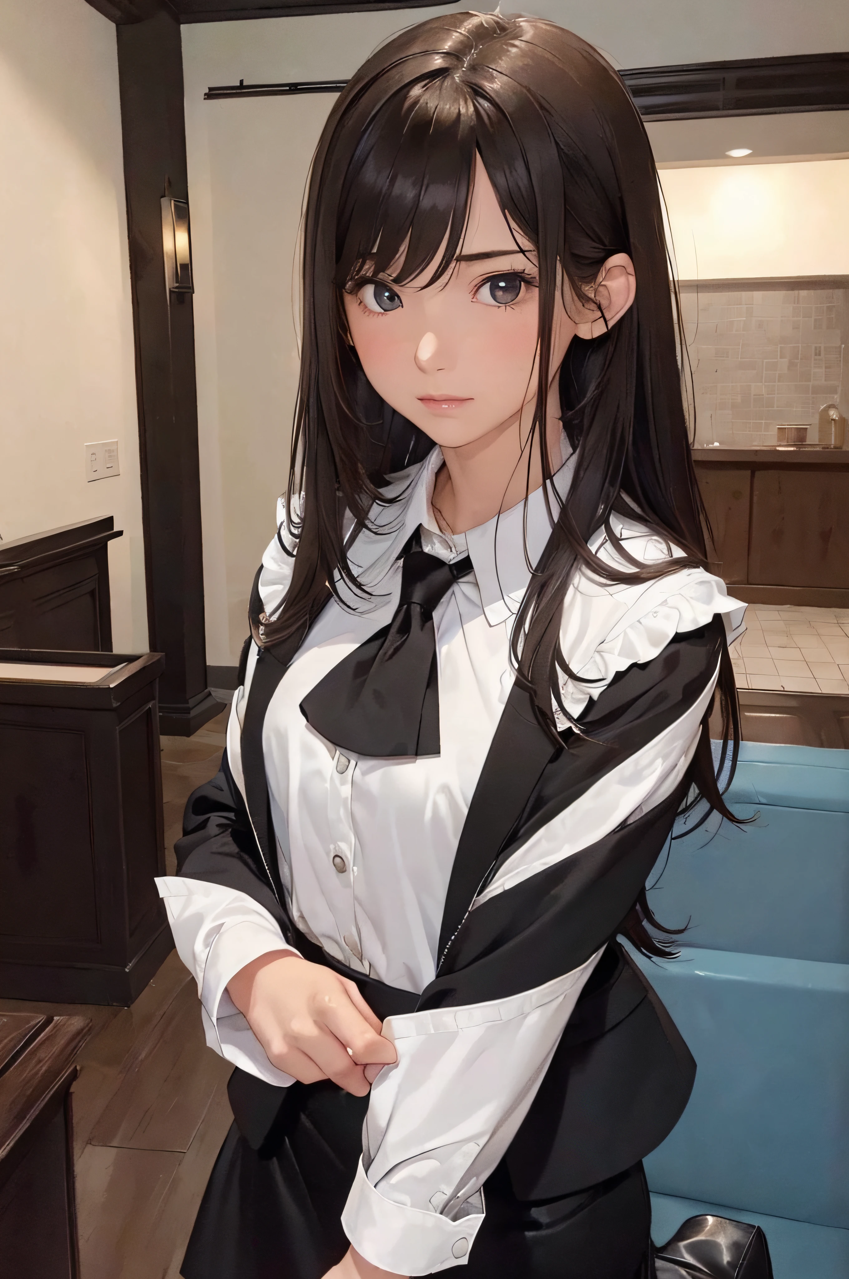 (1girl 24 years old:1.3), (photorealistic:1.4), (masterpiece, top quality, best quality, official art), extreme detailed, highest detailed, (ultra-detailed), ((an extremely delicate and beautiful)), cinematic light, (realisticlying:1.3), (highdetailskin:1.2), high resolution, 8K UHD, 4K, 8K, Bokeh, digital SLR camera, absurderes, Optimal proportions of four fingers and one thumb,
((silky long hair)), (brown hair), beautiful face, perfect face, highly detailed beautiful face,
Cute, shy,faint smile
hotel reception, midnight,
dynamic angle, from above,
((Wearing a black formal blazer)), ((white blouse with collar)), cleavage, skirt, lacepantyhose, blue underwear,
open legs a little, kneel down,