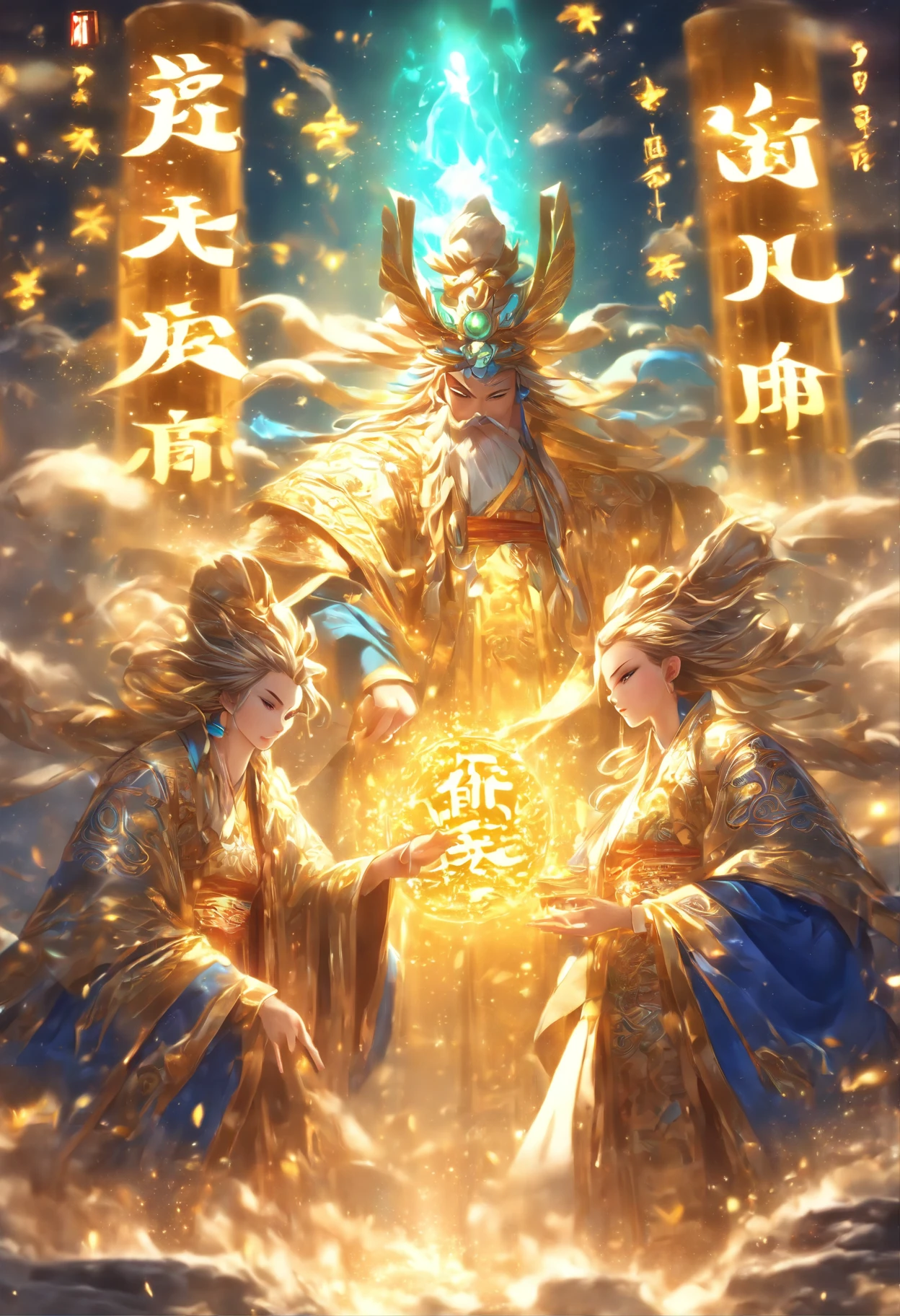 An ancient Chinese scholar，(Book in hand:1.5)，(Transparent glowing golden Chinese characters hovered in midair:2)，Vertical text，glittery，(Scholar in blue robes:1.5)，Long flowing hair flutters in the wind，brunette color hair，16k, hyper HD, high resolution, Very detailed, Best image quality,(dynamicposes:1.5)，(20 columns of Chinese characters:2)，arranged in an orderly fashion