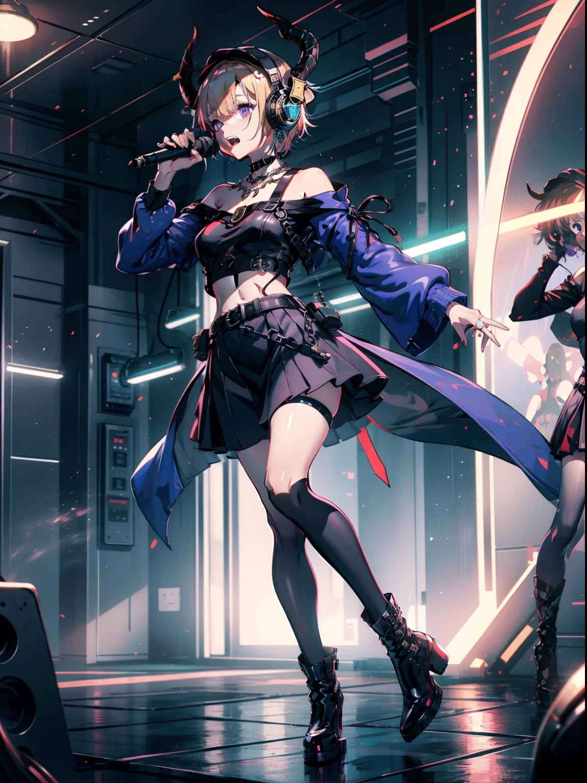 Woman in purple costume holding microphone、It has horns like sheep、Wearing a necklace、Wearing headphones in your ears、hard rock、Wearing a camisole、Wearing a skirt with a black belt、Little devil composition、short-cut、With sleeves、Shoulder out、Wear long boots that show the navel、Paleo wearing、singers、Double teeth are visible、Long skirt、Glamorous、Muchimuchi、hiquality、livestream