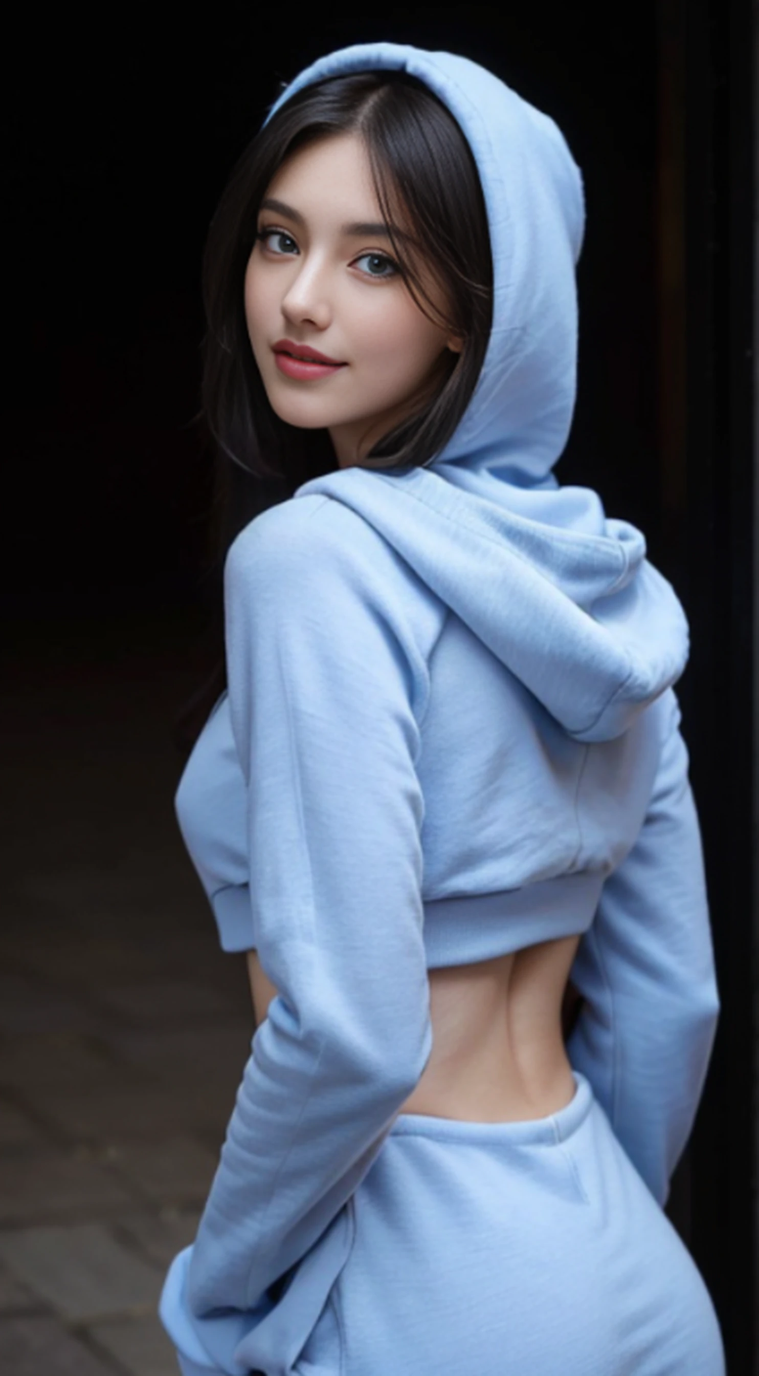 8K, Top Quality, Intricate Details, Ultra Detail, Ultra High Resolution, Masterpiece, random angle, Slender, Smile, (Makeup: 0.4), (Fluffy Blue Eyes: 1.21), blue Eyes, looking back, ((full body)), 1girl, solo, 1 girl, (( full body)), Extreme close-up shot, , ((tall)), (((fit body))), (((slim face))), sharp face, sharp eyes, (((black hair, long hair, )) (detailed face), sharp face, small lips,
((hoodie)), detailed face, detailed breast, , large breast, detail ass, round ass , Beautiful girl with accentuated slender abs: 1.4, Six Pack Abs: 1.4, Bust Botox, Big, Perfect Body, detail leg, (( moonlight)), top of mountain
