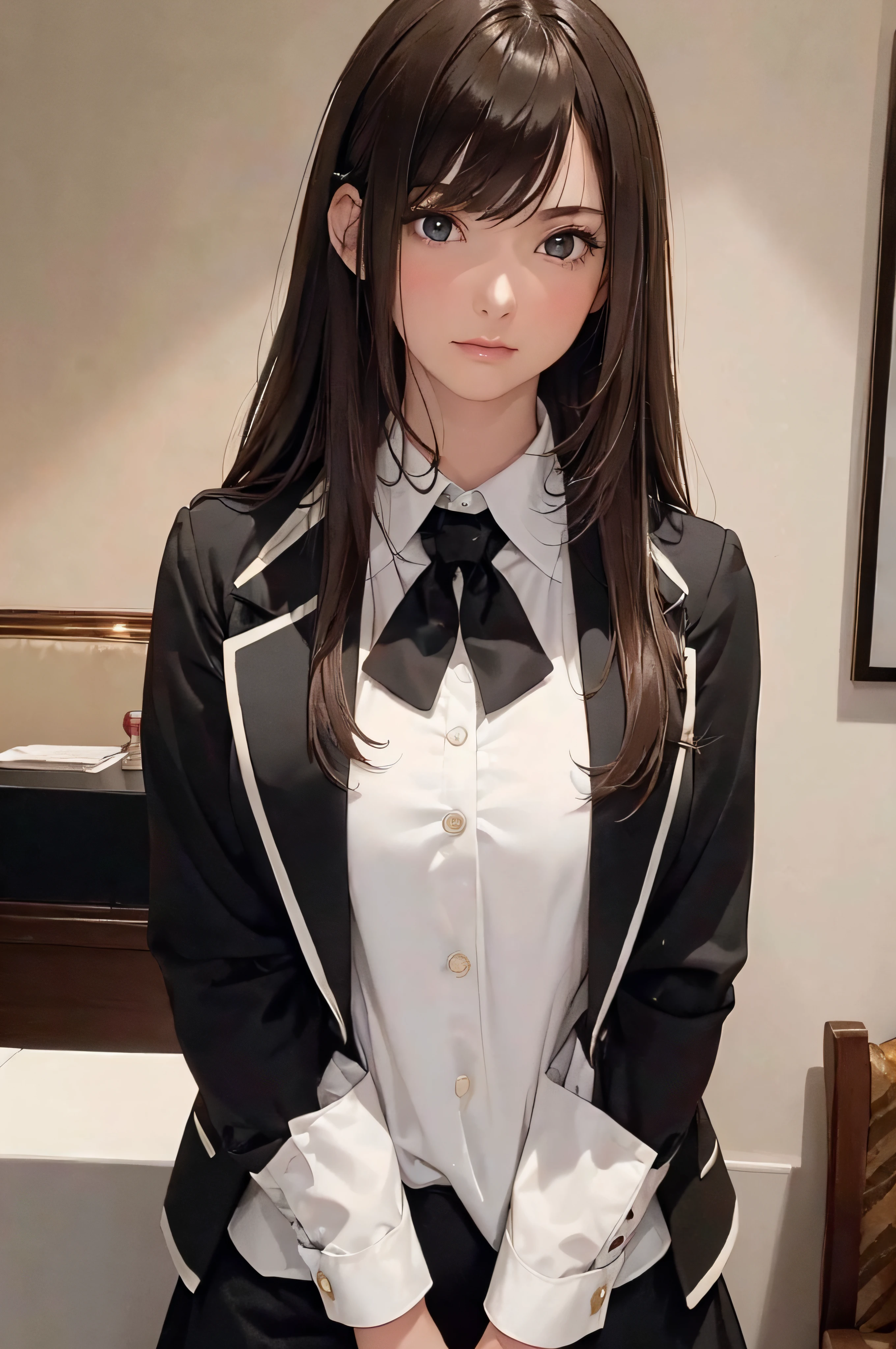 (1girl 24 years old:1.3), (photorealistic:1.4), (masterpiece, top quality, best quality, official art), extreme detailed, highest detailed, (ultra-detailed), ((an extremely delicate and beautiful)), cinematic light, (realisticlying:1.3), (highdetailskin:1.2), high resolution, 8K UHD, 4K, 8K, Bokeh, digital SLR camera, absurderes, Optimal proportions of four fingers and one thumb, 
((silky long hair)), (brown hair), beautiful face, perfect face, highly detailed beautiful face, 
Cute, shy,faint smile
hotel reception, midnight,
dynamic angle, from above, 
((Wearing a black formal blazer)), ((white blouse with collar)), cleavage, skirt, lacepantyhose, blue underwear,
open legs a little, kneel down,