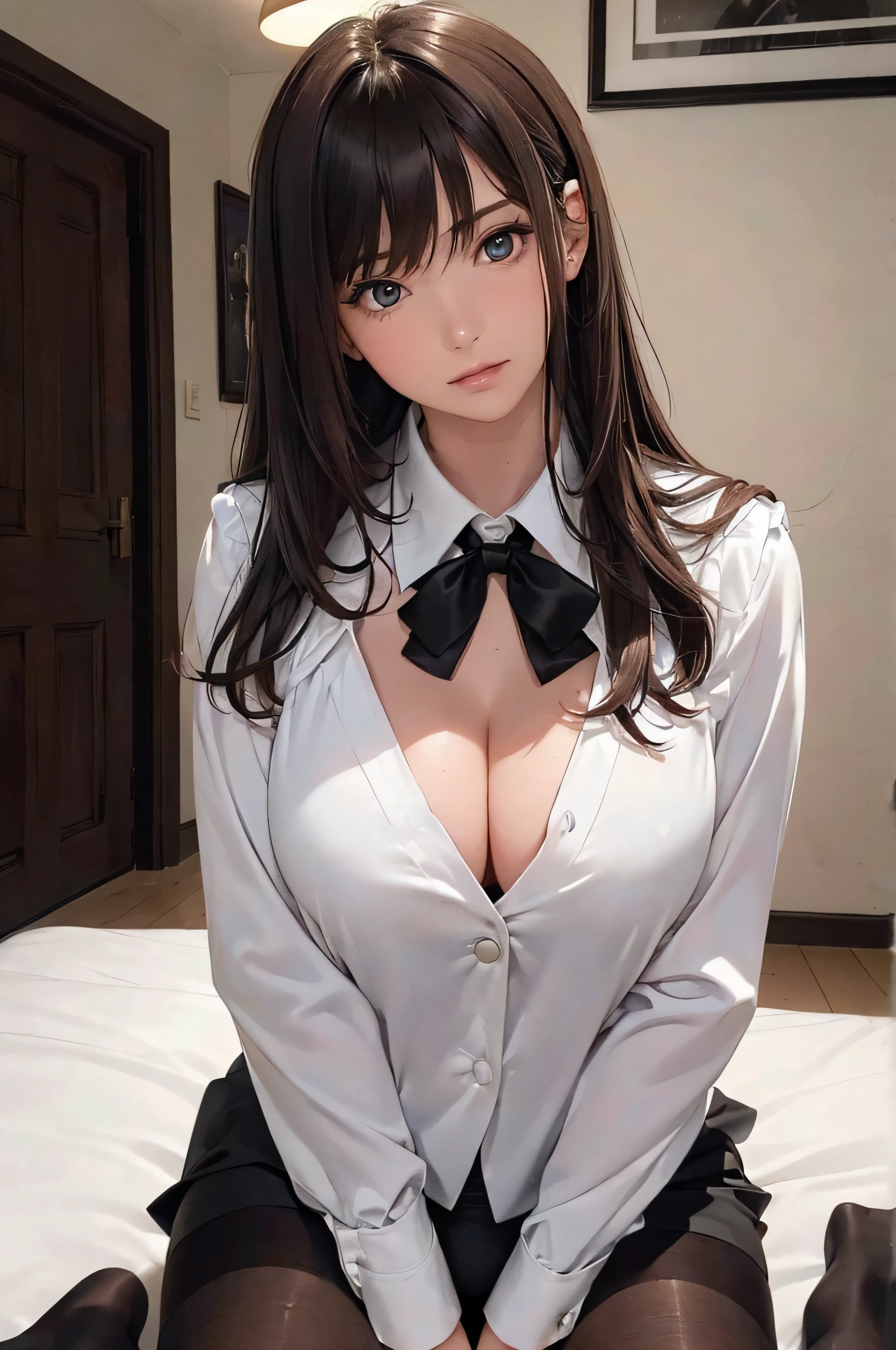 (1girl 24 years old:1.3), (photorealistic:1.4), (masterpiece, top quality, best quality, official art), extreme detailed, highest detailed, (ultra-detailed), ((an extremely delicate and beautiful)), cinematic light, (realisticlying:1.3), (highdetailskin:1.2), high resolution, 8K UHD, 4K, 8K, Bokeh, digital SLR camera, absurderes, Optimal proportions of four fingers and one thumb,
((silky long hair)), (brown hair), beautiful face, perfect face, highly detailed beautiful face,
Cute, shy,faint smile
hotel reception, midnight,
dynamic angle, from above,
((Wearing a black formal blazer)), ((white blouse with collar)), cleavage, skirt, lacepantyhose, blue underwear,
open legs a little, kneel down,