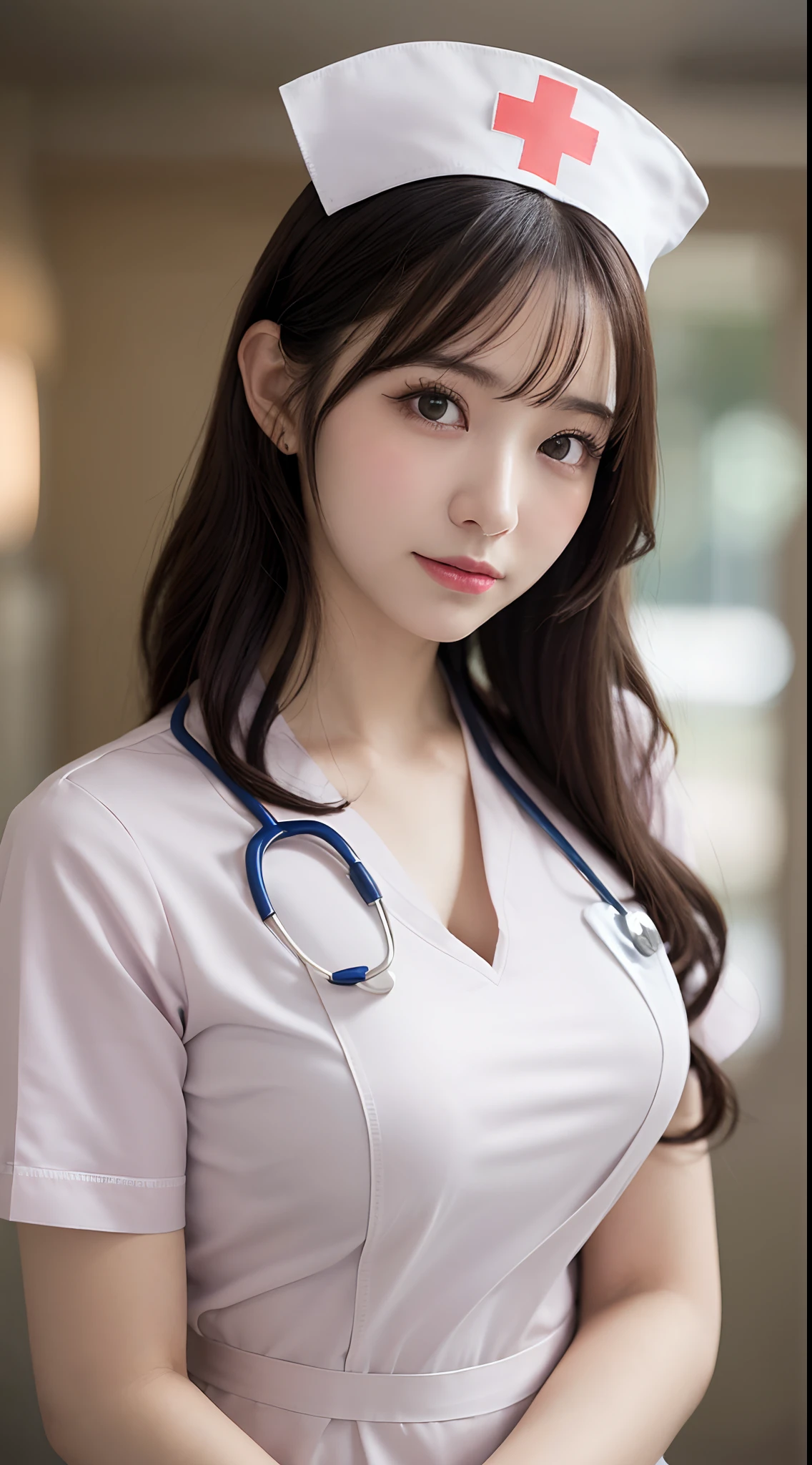 masutepiece, Best quality, One girl, (Beautiful girl:1.3), (18 years old:1.3), Very fine eye clarity, (Symmetrical eyes:1.3), (nurse costume:1.2), Beautiful breasts, Brown eyes, Parted bangs, Brown hair