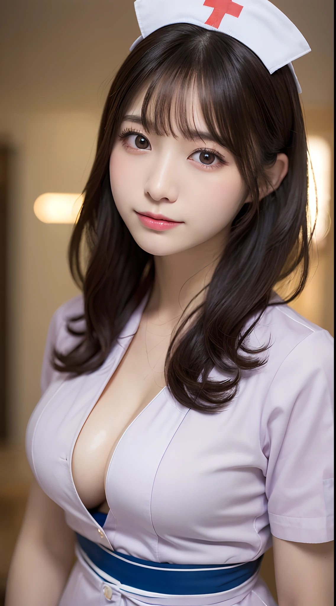 A smile, (8K, Raw photography, top-quality, ​masterpiece: 1.2), ​masterpiece, Super Detail, 超A high resolution, (Realistic and realistic photos: 1.37), high-definition RAW color photography, extremely delicate and beautiful, ighly detailed, 8K Wallpaper, astonishing, detaileds, extremely detailed eye, highlydetailed skin, extremely detailed fingers, highly detailed nose, highly detail mouth, perfect anatomia,1girl in, Blurry, Blurry background, Blurred foreground, blush, Colossal tits, depth of fields, eyebrows visible through hair, hair between eye, ,Solo Hospital, (Colossal tits:1.3)、乃木坂アイドル、韓国アイドル、hposing Gravure Idol、女優、25-years old、tall、(((nurse's uniform:1.3)))、((Nurse in uniform:1.2))、Black thigh stockings、(Colossal tits)