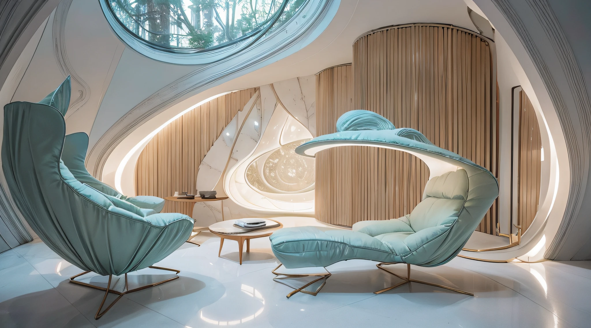 "Generate a striking and imaginative scene featuring a young girl in a futuristic biomorphic living room. The living room should have an organic, otherworldly design, with furniture and elements that resemble natural forms, such as plant-like chairs, biomorphic tables, and walls that seem to flow like water or resemble tree bark.
The girl should be the central focus of the image, and she should appear relaxed and at ease, as if she's in her own comfortable sanctuary. She can be sitting or reclining on one of the biomorphic furniture pieces, reading a book, or engaged in some creative or leisure activity.
The lighting in the room should be soft and soothing, with a warm, ethereal glow that enhances the sense of tranquility and comfort. Bioluminescent accents in the room can provide gentle illumination.
The color palette should be harmonious and nature-inspired, with a mix of earthy tones and soft pastels. Please ensure that the details in the biomorphic living room are intricate and visually captivating, with a seamless blend of nature and technology. Overall, the image should evoke a sense of wonder and relaxation, as if the girl is in a space where the boundaries between the natural world and the artificial blur."