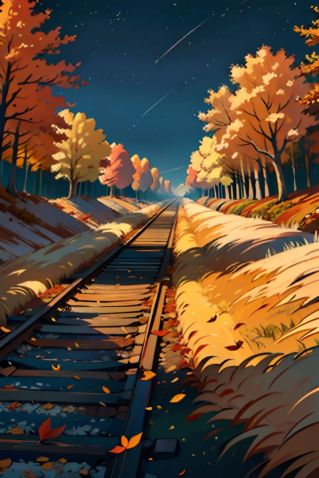 A painting of an autumn landscape, autumn trees and dead trees, dead leaves blowing, perspective view of train tracks, evening light, dark sky.